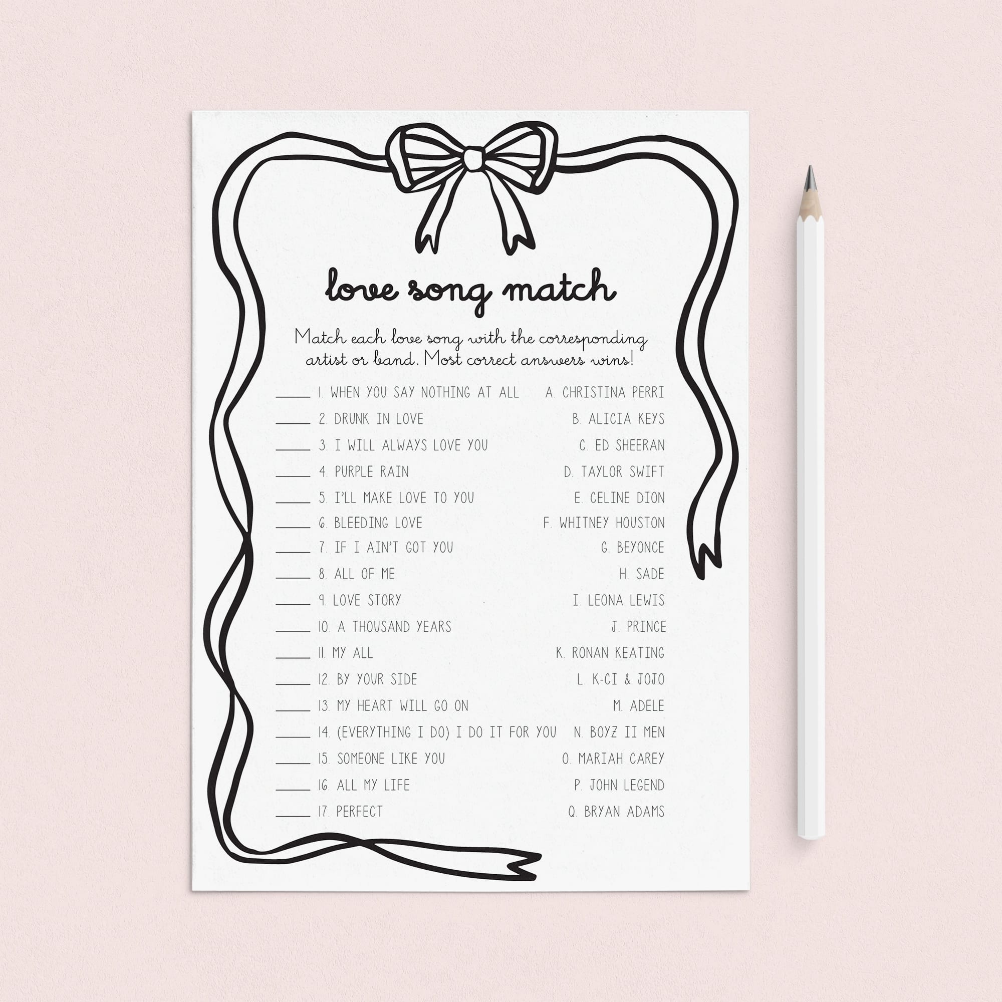 Printable Love Songs Matching Game by LittleSizzle