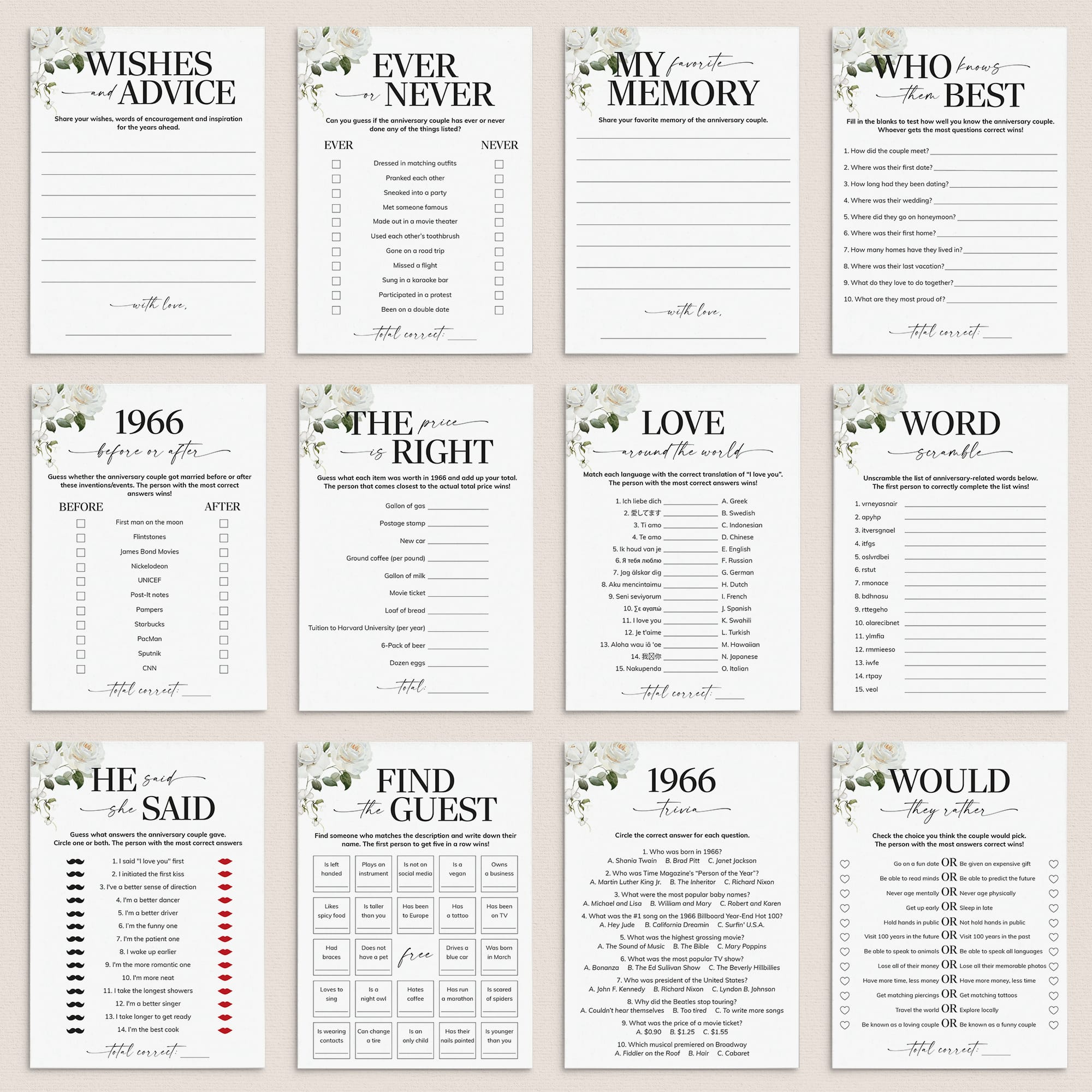 60th Anniversary Games Printable Floral Married in 1966 by LittleSizzle