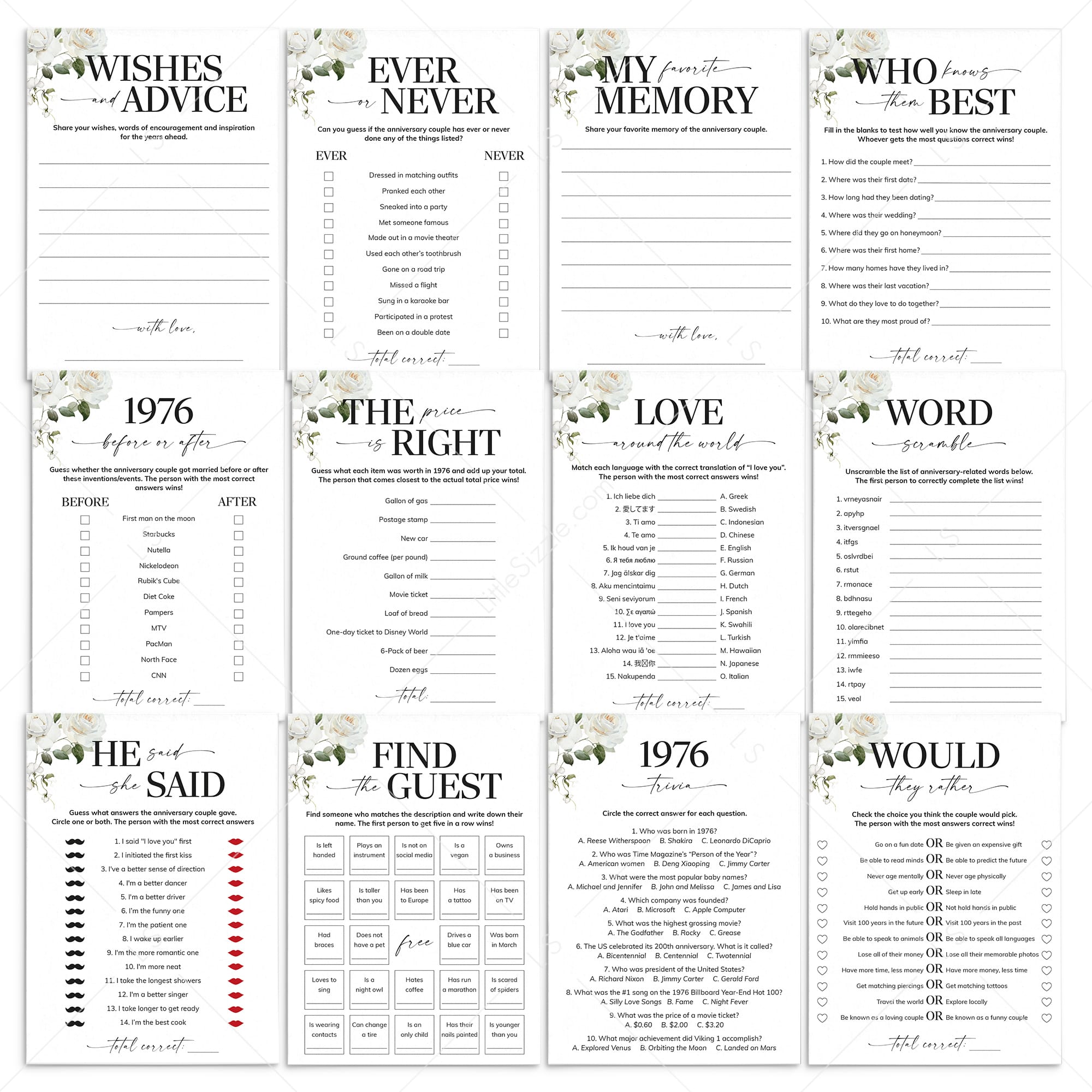 50th Anniversary Games Printable Floral Married in 1976 by LittleSizzle