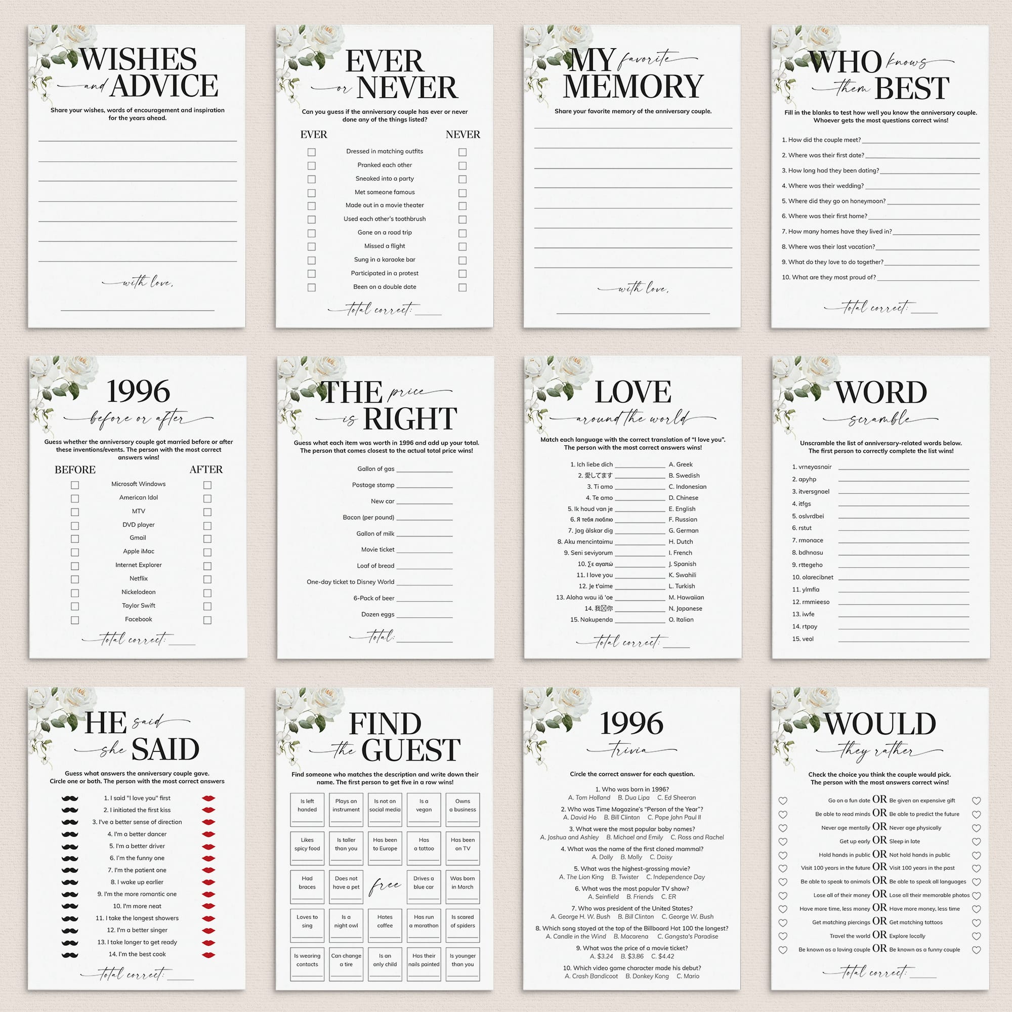 30th Anniversary Games Printable Floral Married in 1996 by LittleSizzle