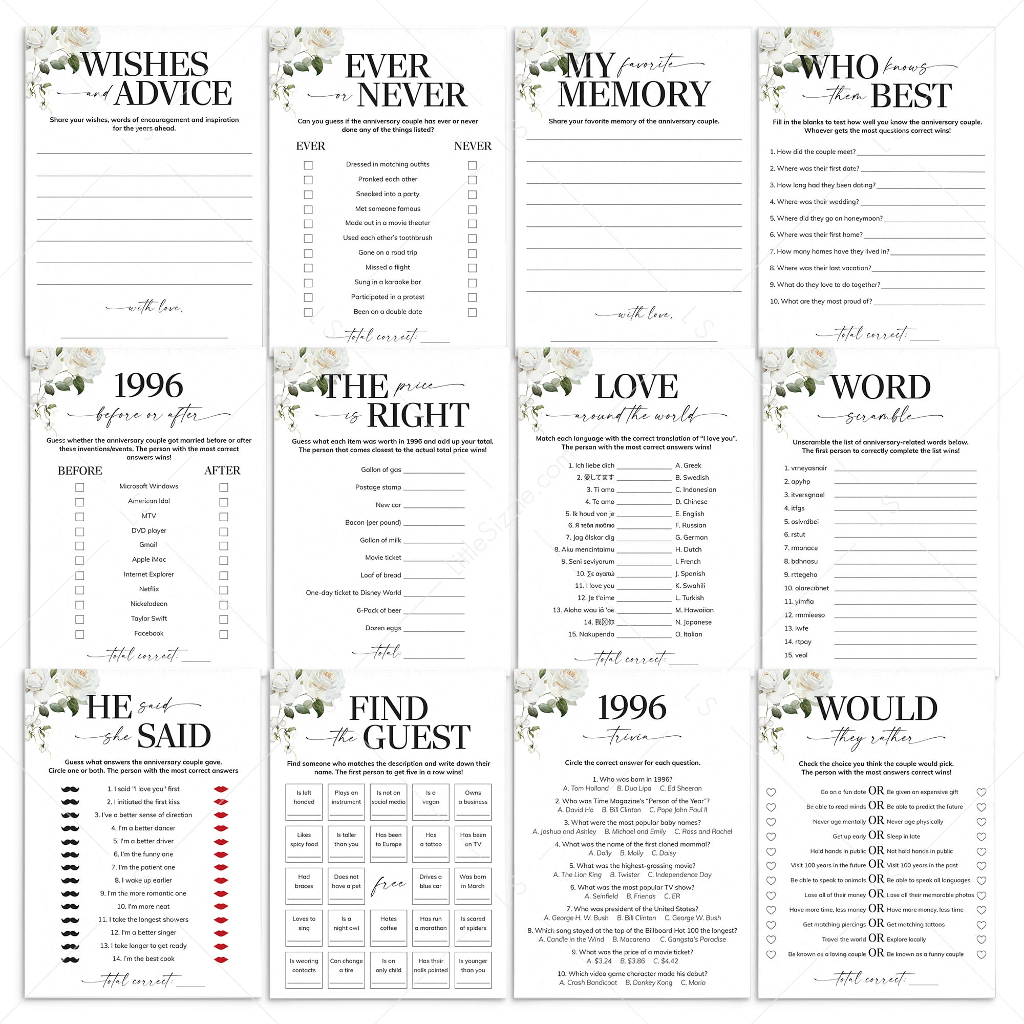 30th Anniversary Games Printable Floral Married in 1996 by LittleSizzle
