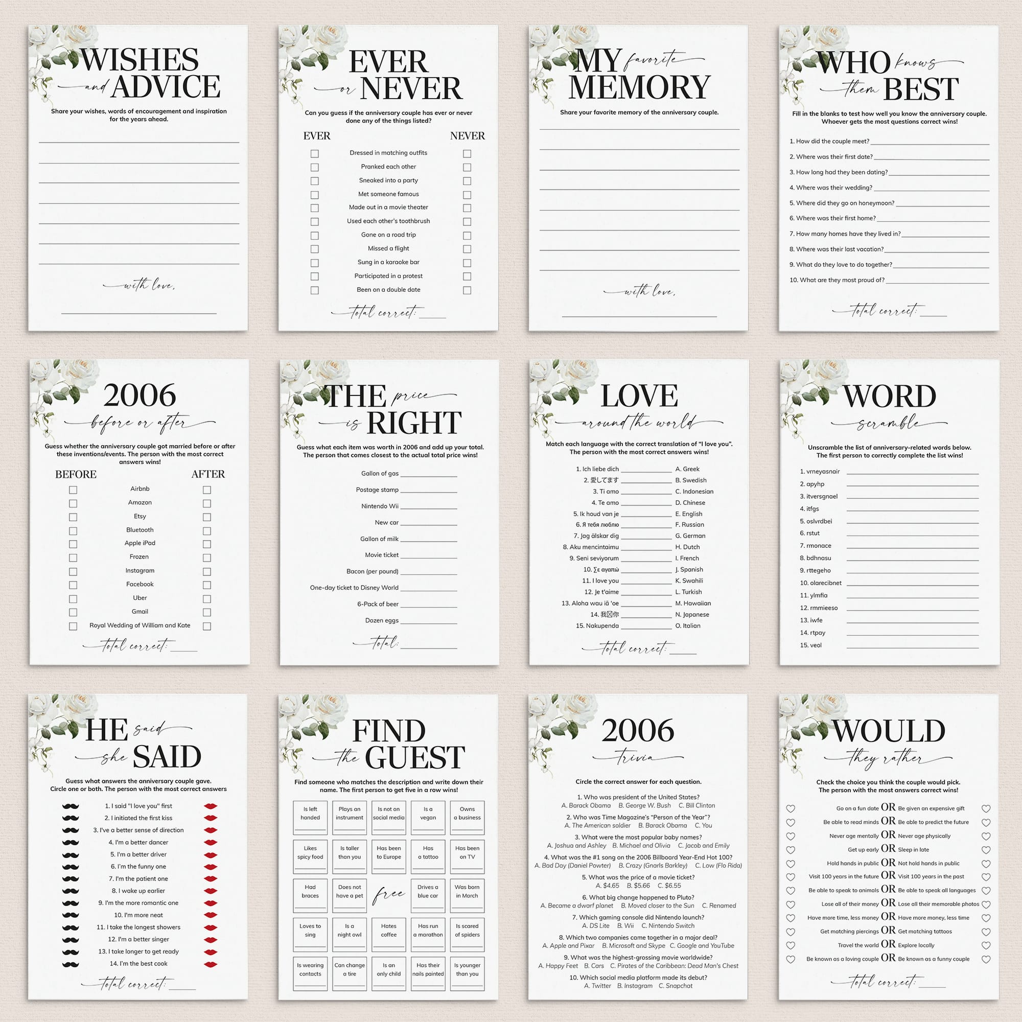 20th Anniversary Games Printable Floral Married in 2006 by LittleSizzle