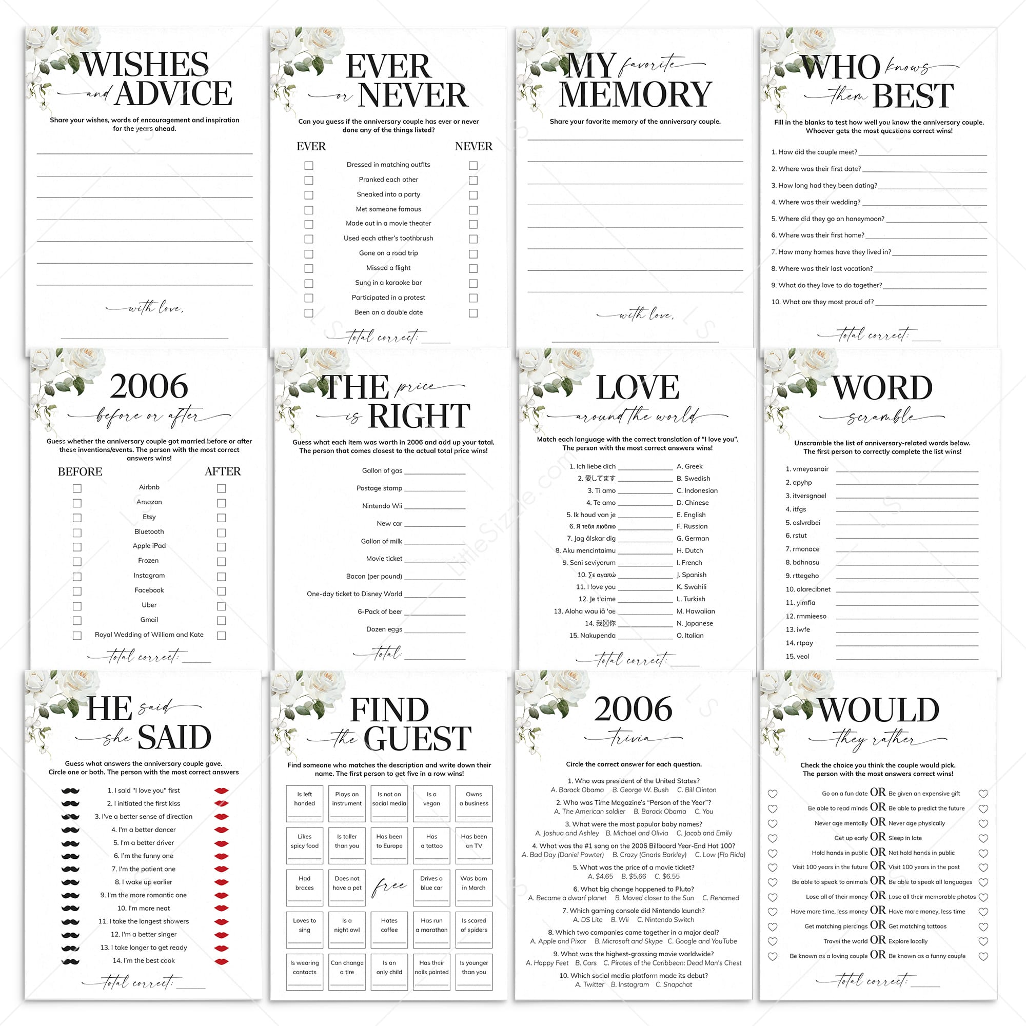 20th Anniversary Games Printable Floral Married in 2006 by LittleSizzle