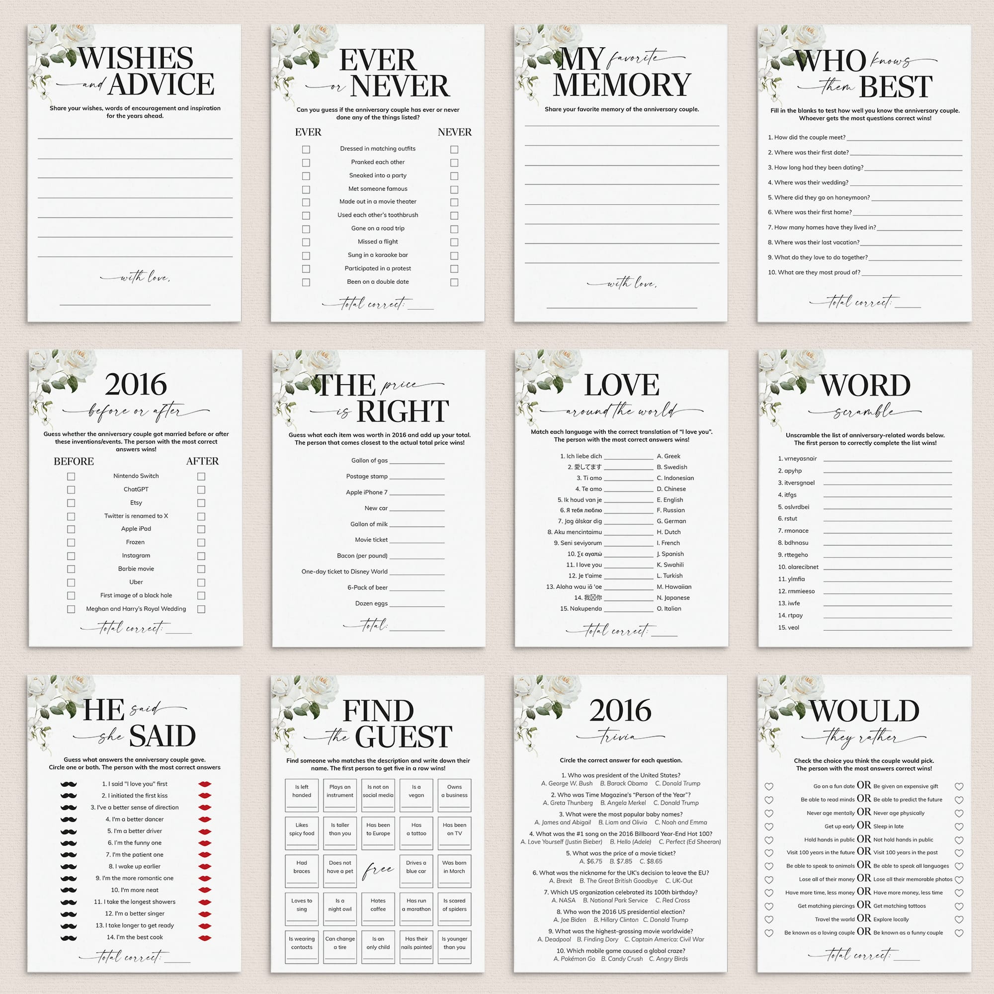 10th Anniversary Games Printable Floral Married in 2016 by LittleSizzle