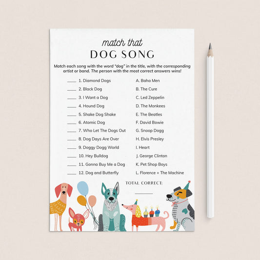 Dog Party Game Match That Dog Song with Answers Printable by LittleSizzle