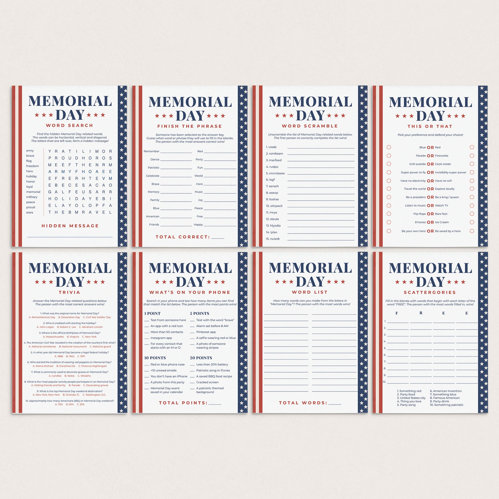 Memorial Day Games Bundle Printable by LittleSizzle