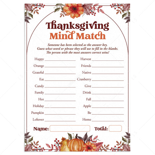 Thanksgiving Mind Match Game for Family Printable by LittleSizzle