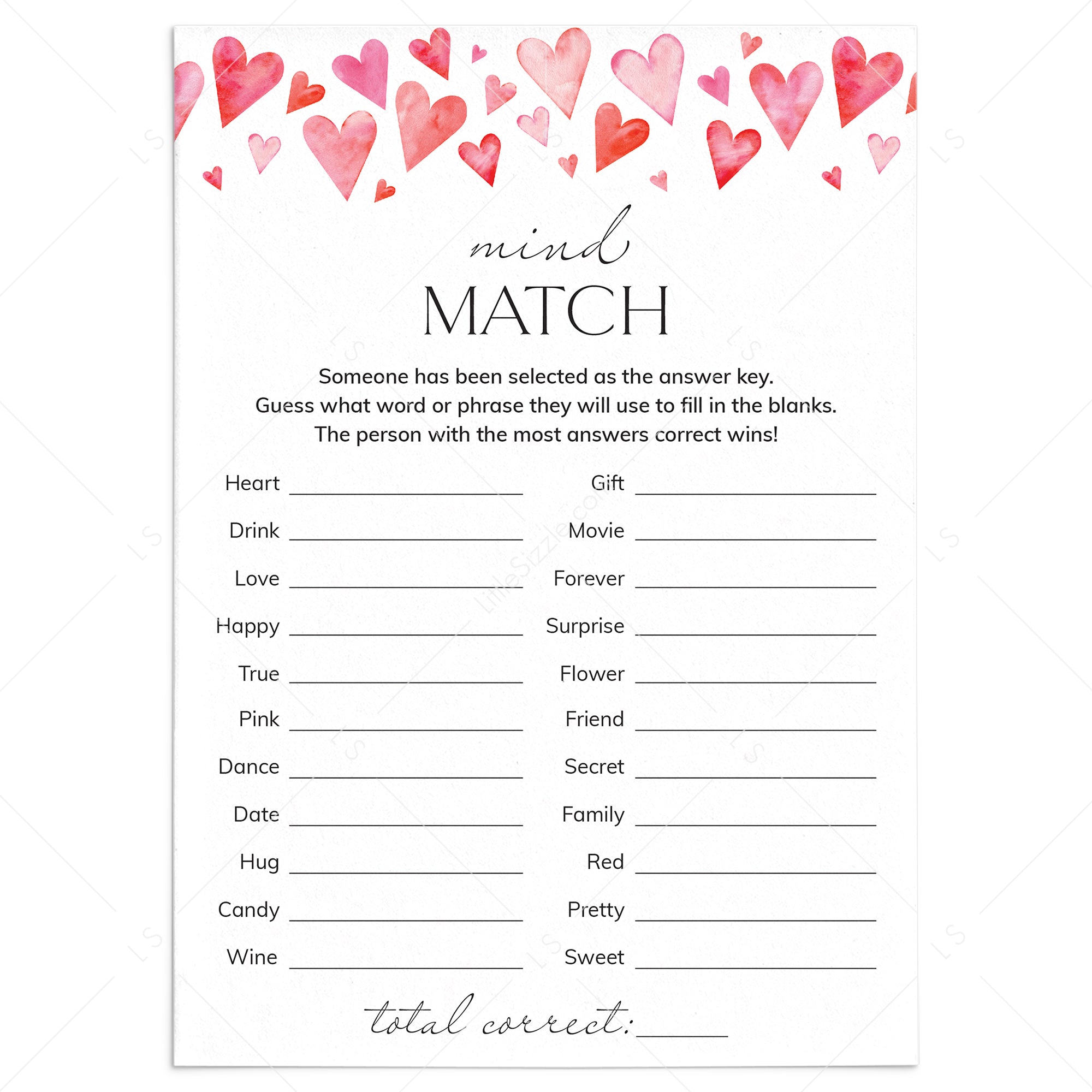 Match My Mind Valentine's Edition Game Printable by LittleSizzle