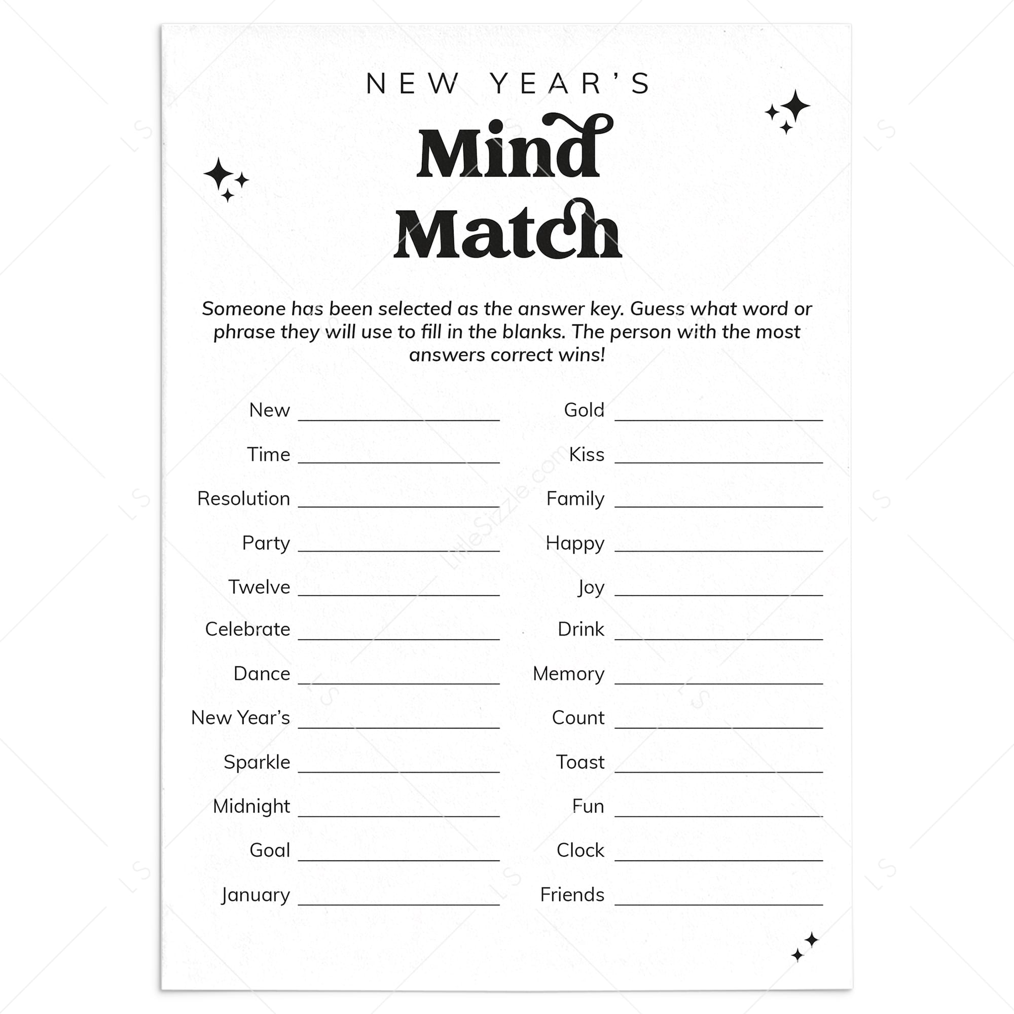 Fun New Year's Party Game Printable Mind Match by LittleSizzle