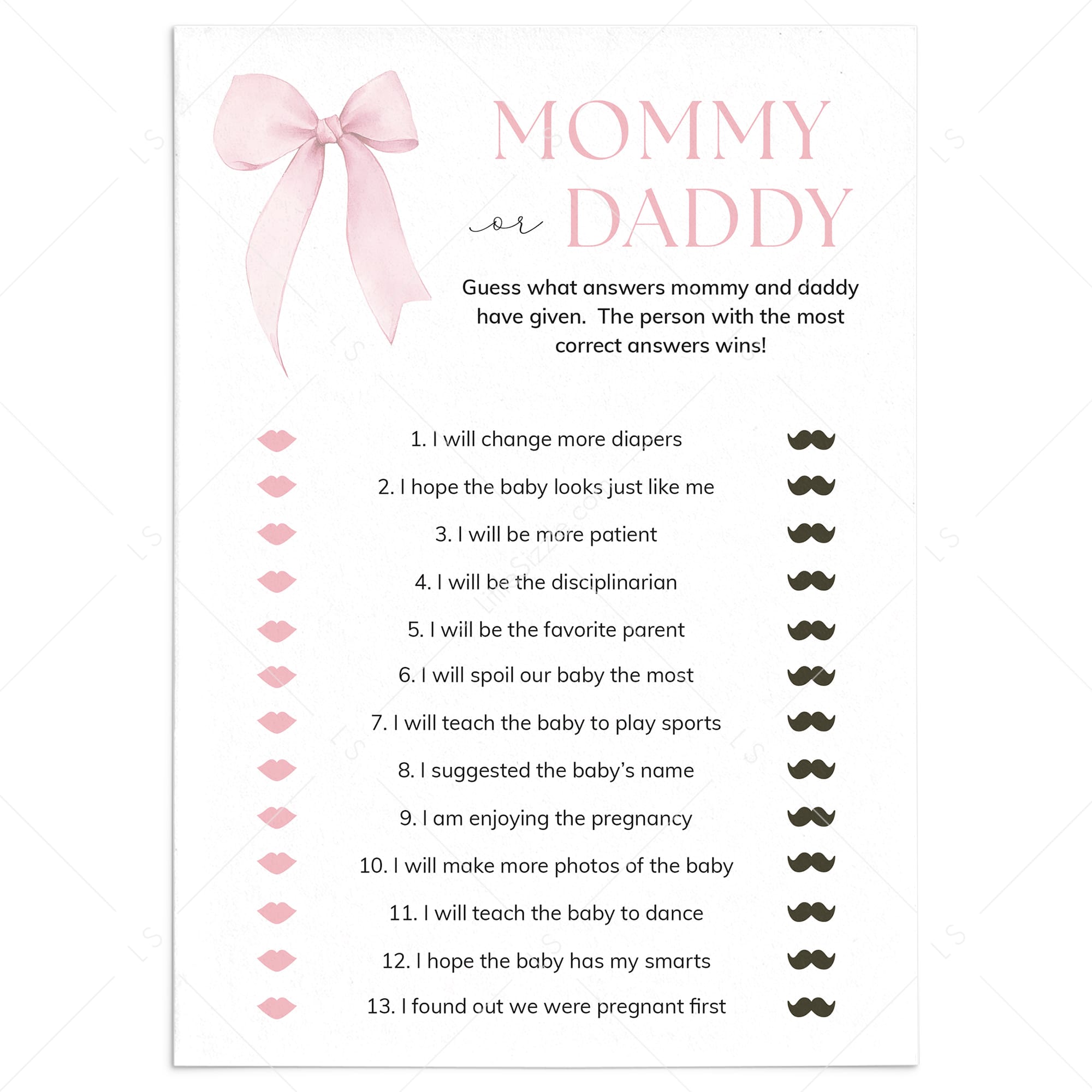 Pink Bow Mommy or Daddy Baby Shower Game Printable by LittleSizzle