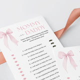 Pink Bow Mommy or Daddy Baby Shower Game Printable
