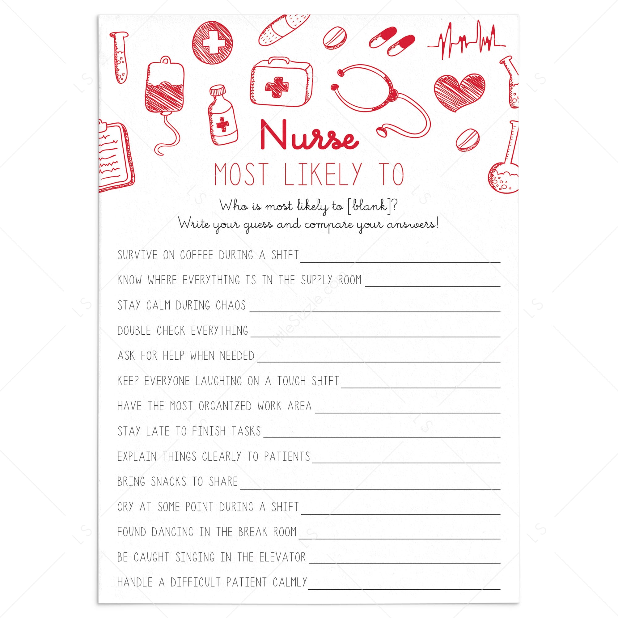 Funny Nurse Most Likely To Game Questions to Print by LittleSizzle