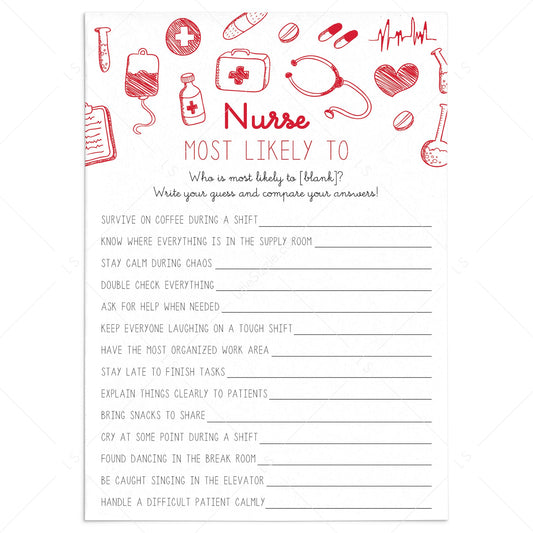 Funny Nurse Most Likely To Game Questions to Print by LittleSizzle