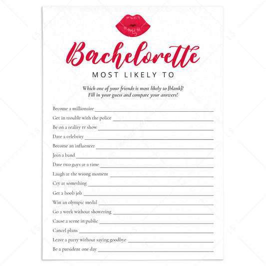 Funny Bachelorette Most Likely To Questions Printable Game by LittleSizzle