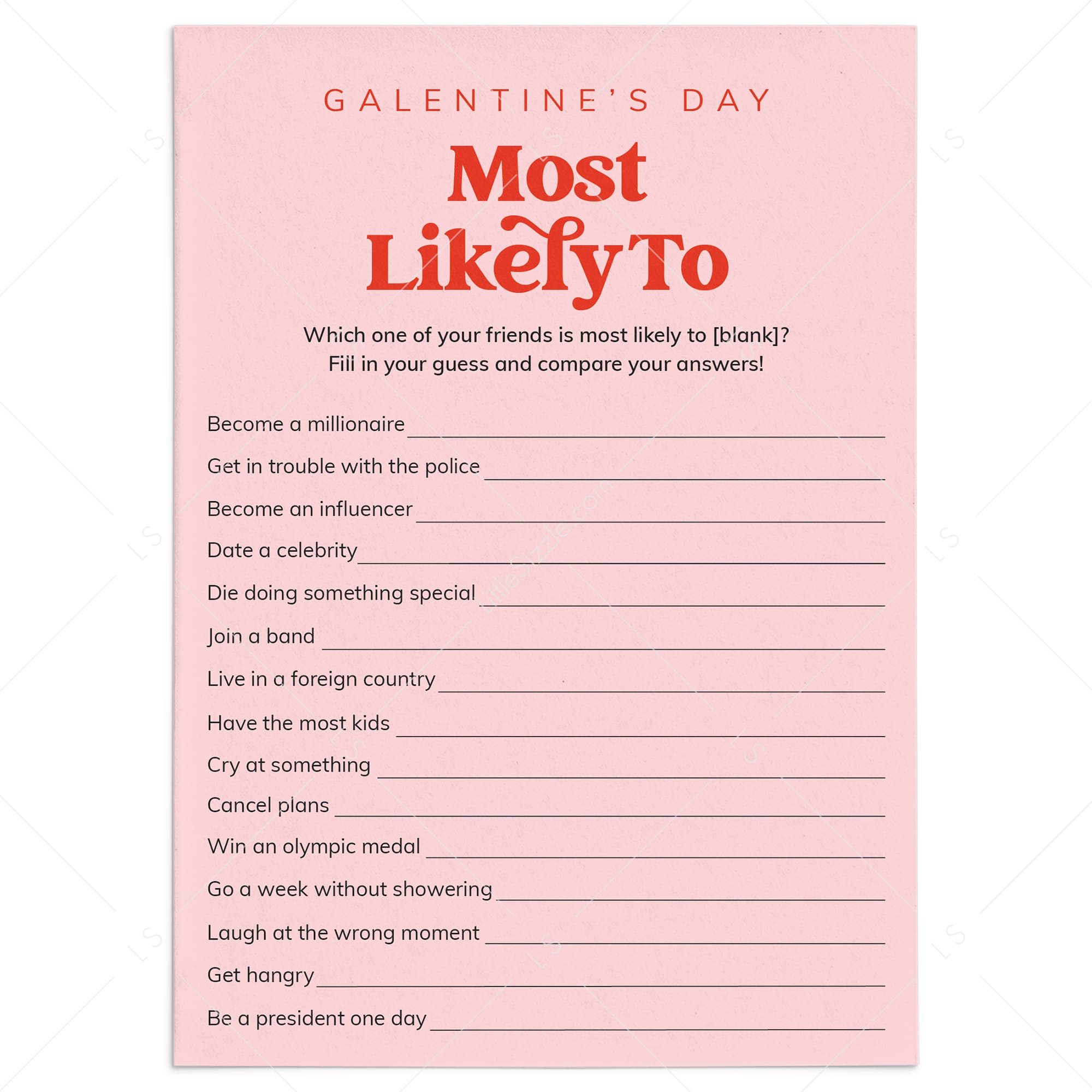 Galentines Game Whos Most Likely Printable Retro Pink and Red by LittleSizzle