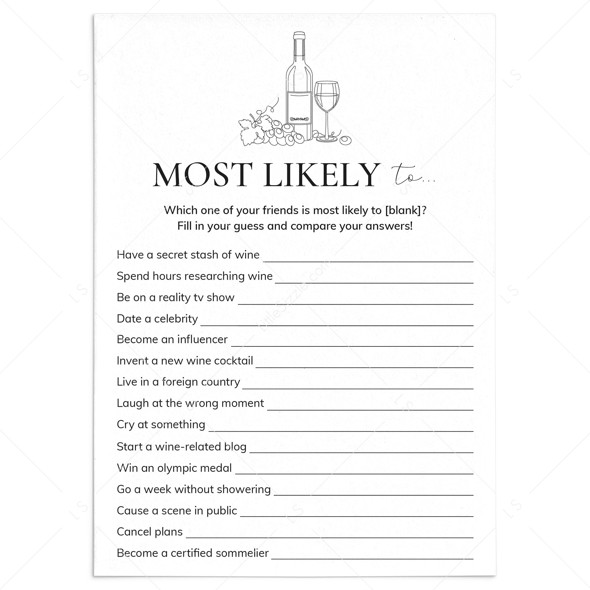 Printable Wine Party Game Who Is Most Likely To by LittleSizzle