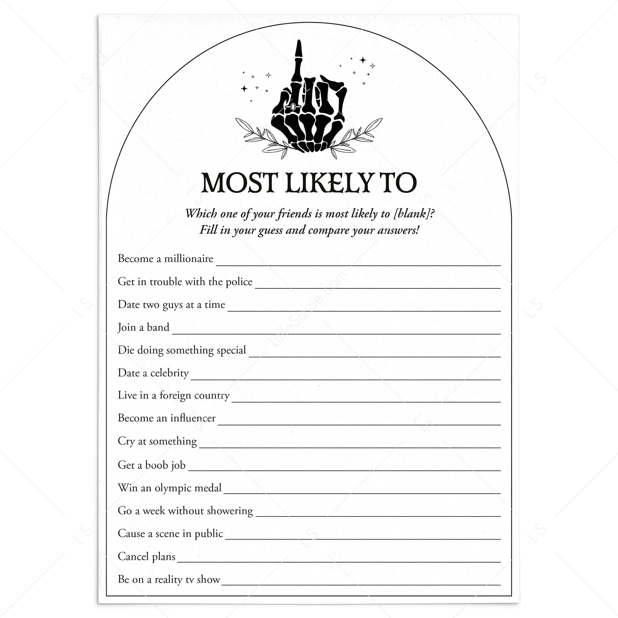 Bride or Die Bachelorette card with 'Most Likely To' questions and a black and white skeleton graphic at the top.