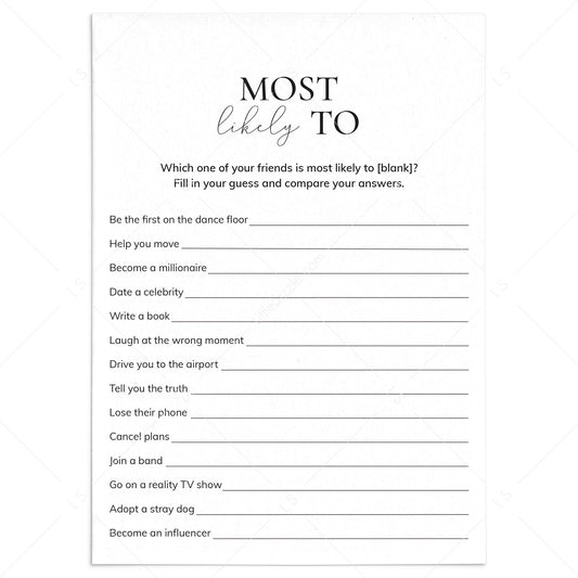 Who's Most Likely To Questions for Friends Printable Game Card by LittleSizzle