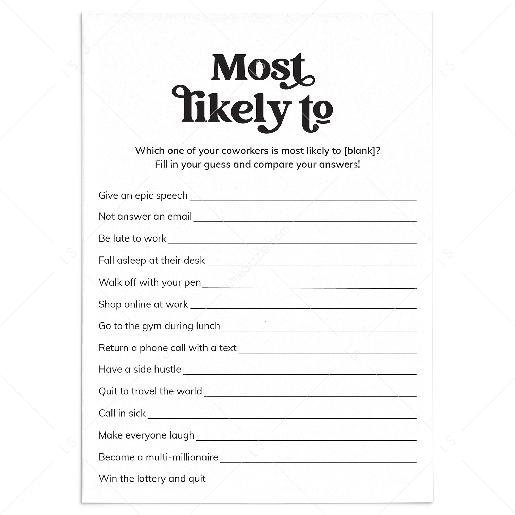 Printable Most Likely To Questions for Work by LittleSizzle