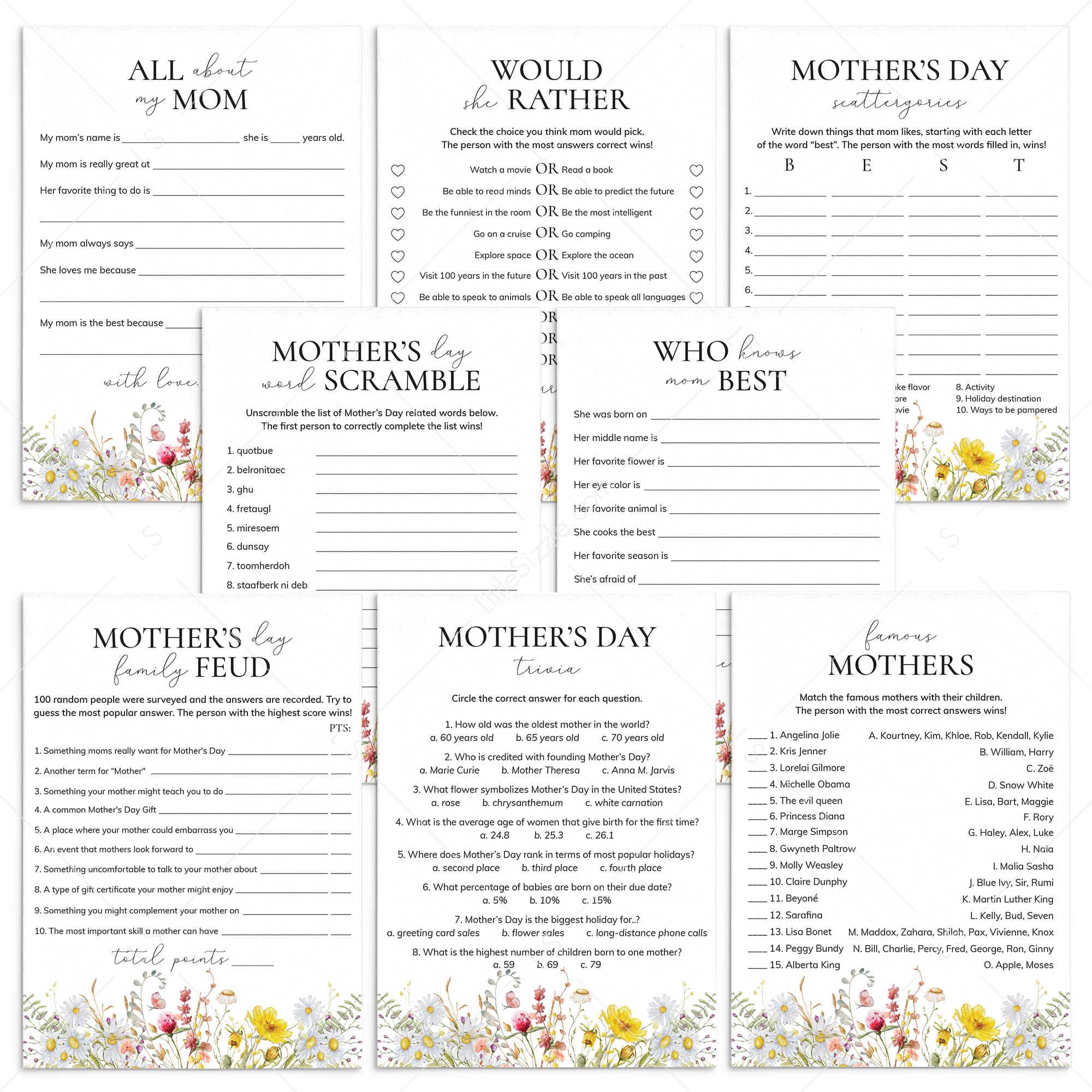Printable Mothers Day Game Bundle with Wildflowers by LittleSizzle
