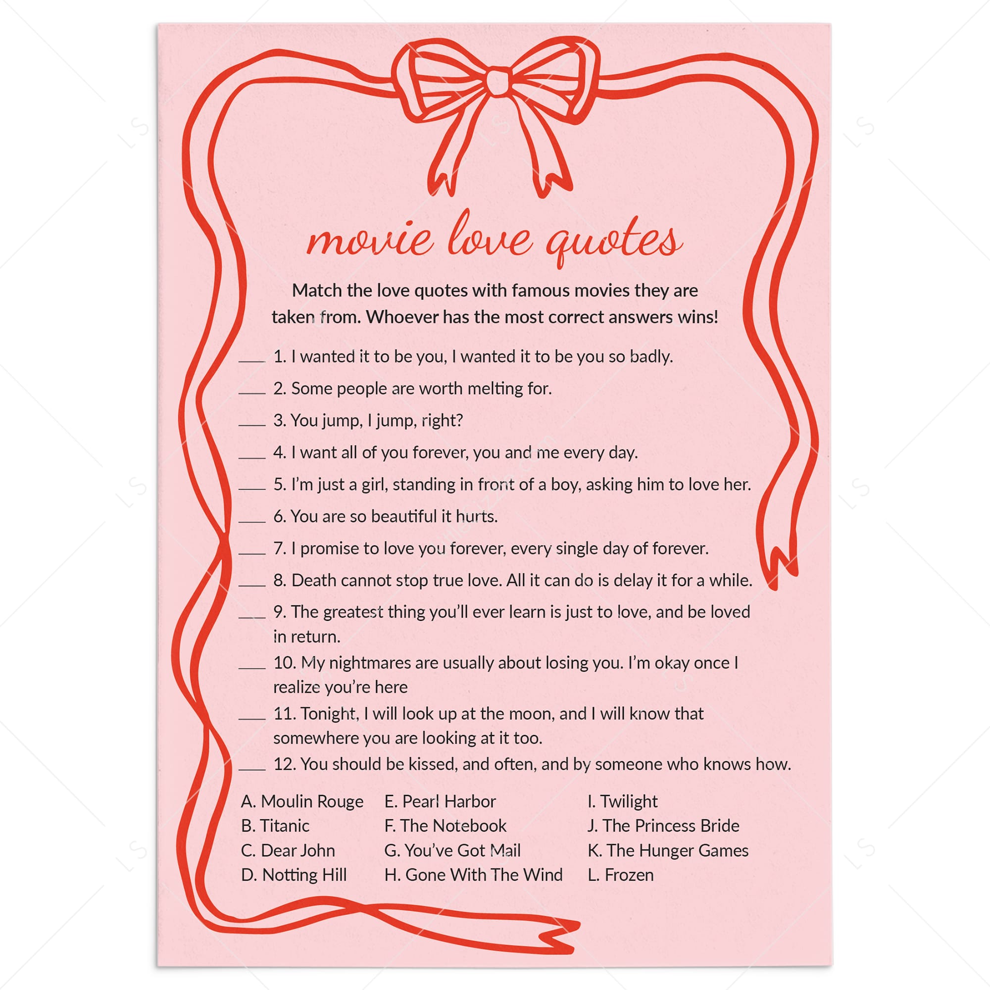 Movie Love Quotes Game with Answers Digital Download by LittleSizzle