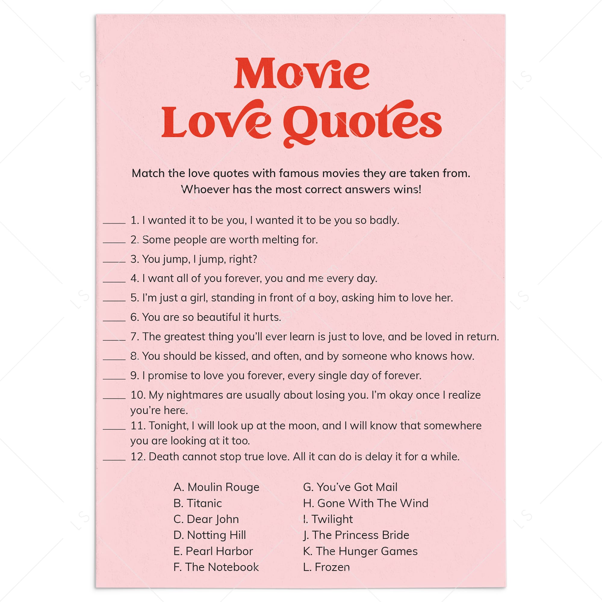 Movie Love Quotes Game for Bridal Shower Printable Pink and Red by LittleSizzle