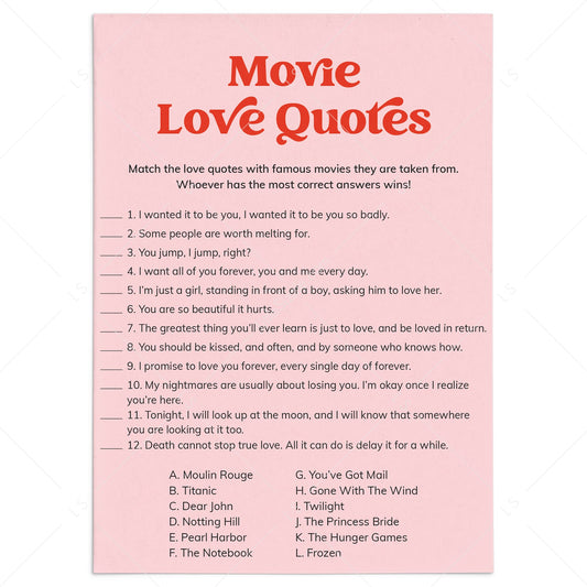 Movie Love Quotes Game for Bridal Shower Printable Pink and Red by LittleSizzle