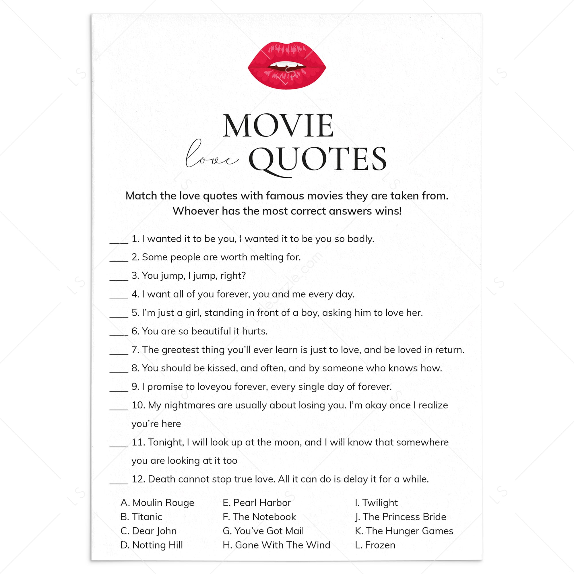 Girls Night Movie Game with Answer Key Printable by LittleSizzle