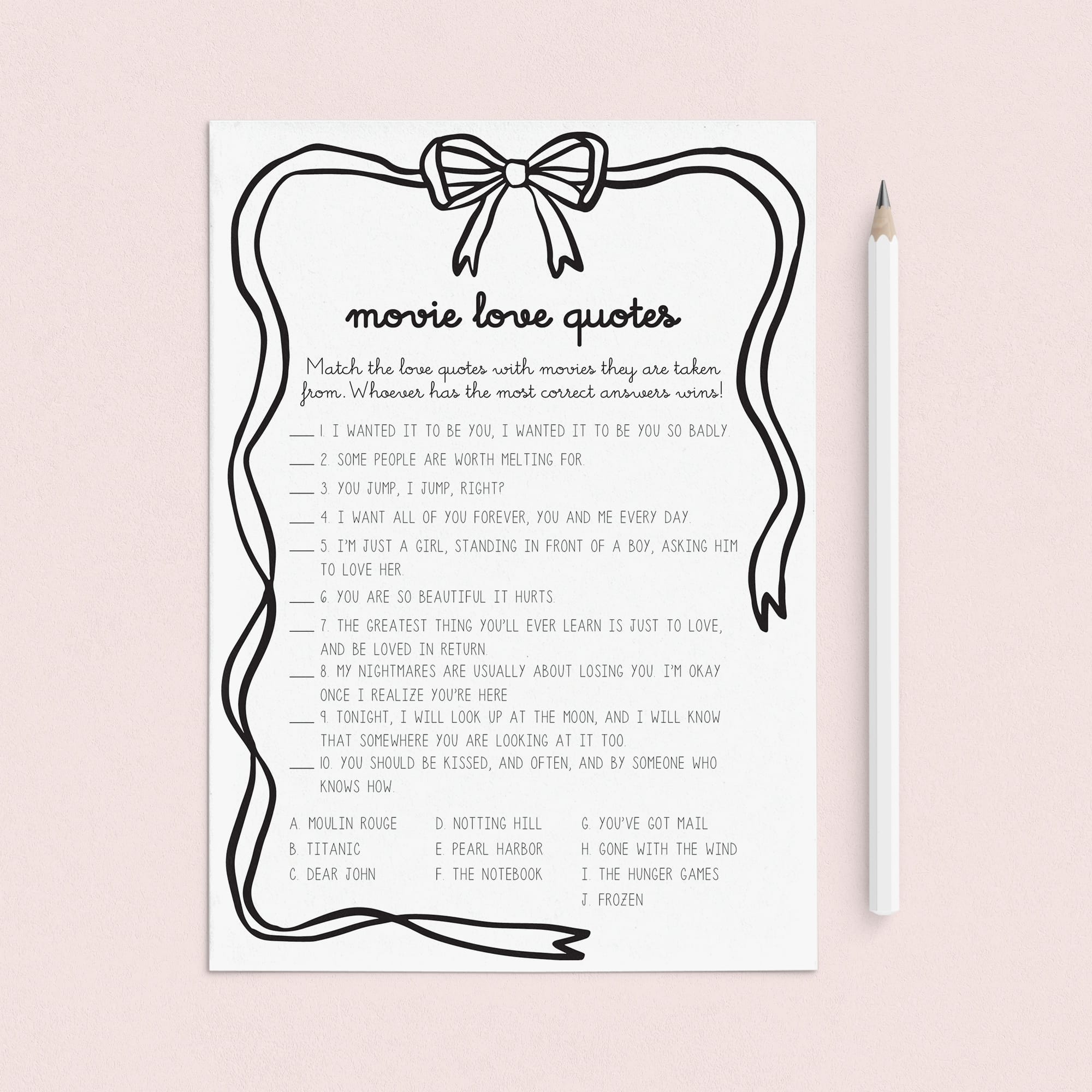 Romantic Movie Quotes Game Printable Coquette Black Bow by LittleSizzle