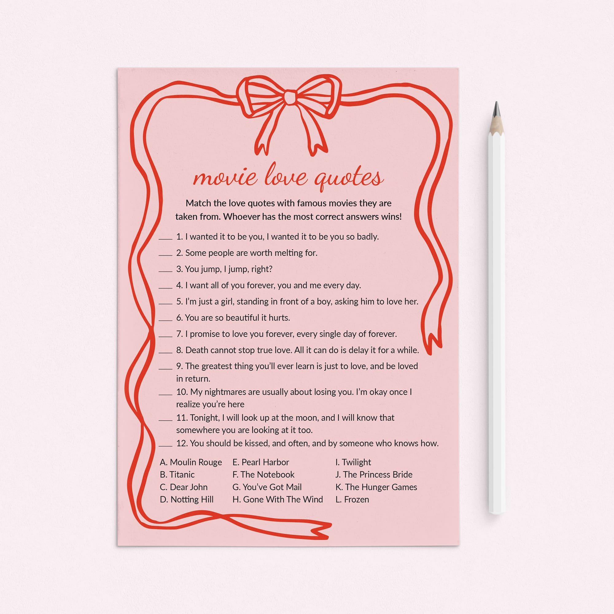 Movie Love Quotes Game with Answers Digital Download by LittleSizzle