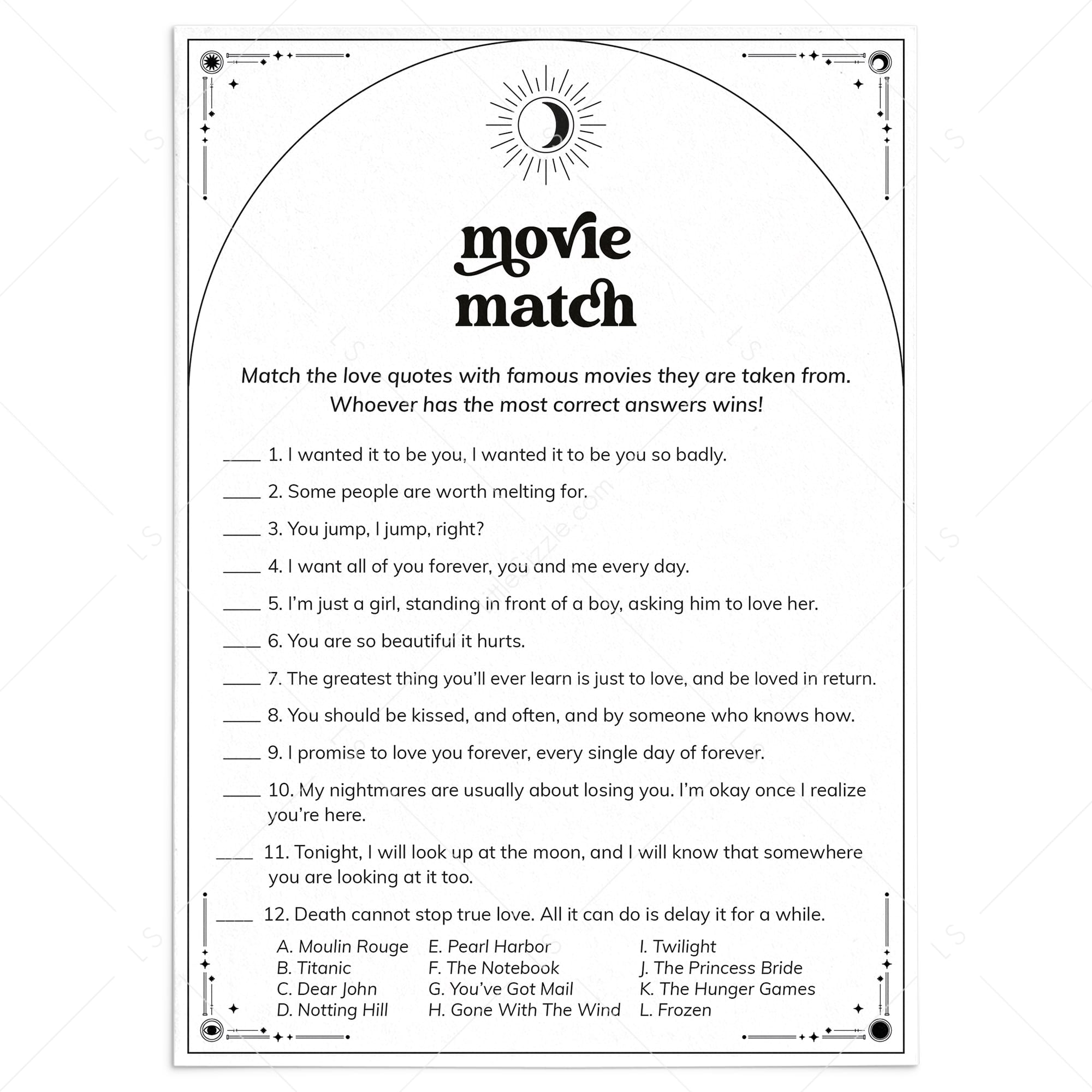 Celestial Bridal Shower Game Romantic Movie Match with Answers by LittleSizzle