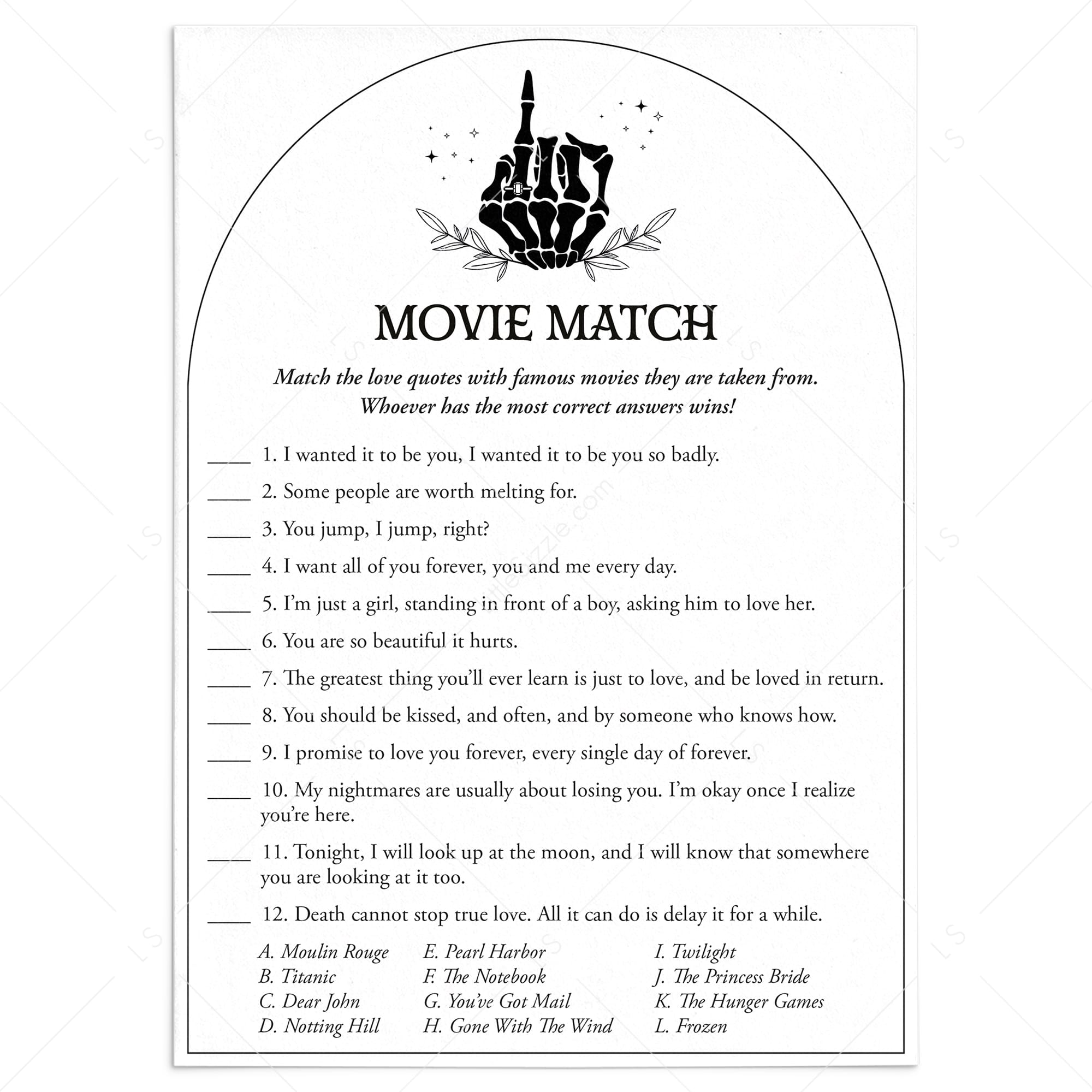 Goth Bride Shower Game Movie Match with Answer Key Printable by LittleSizzle