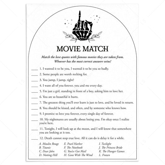 Goth Bride Shower Game Movie Match with Answer Key Printable by LittleSizzle