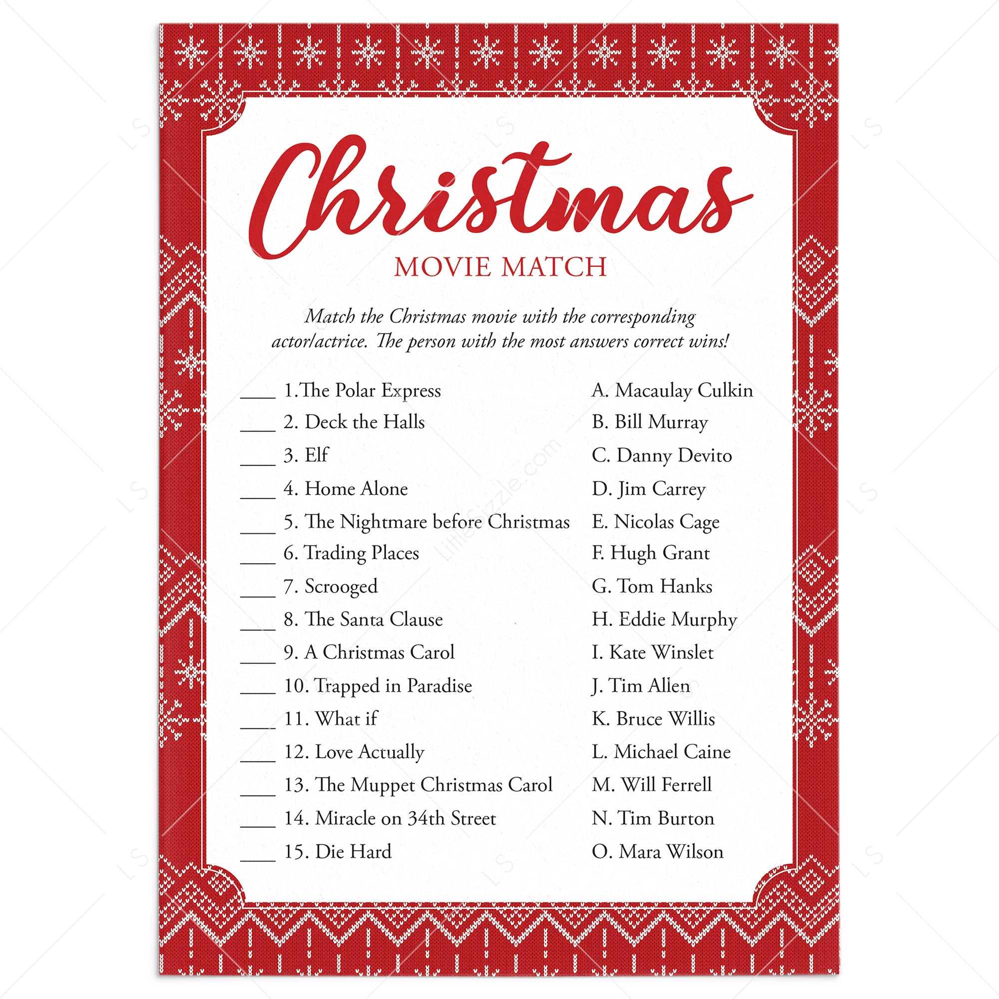 Christmas Movie Match with Answer Key Printable by LittleSizzle