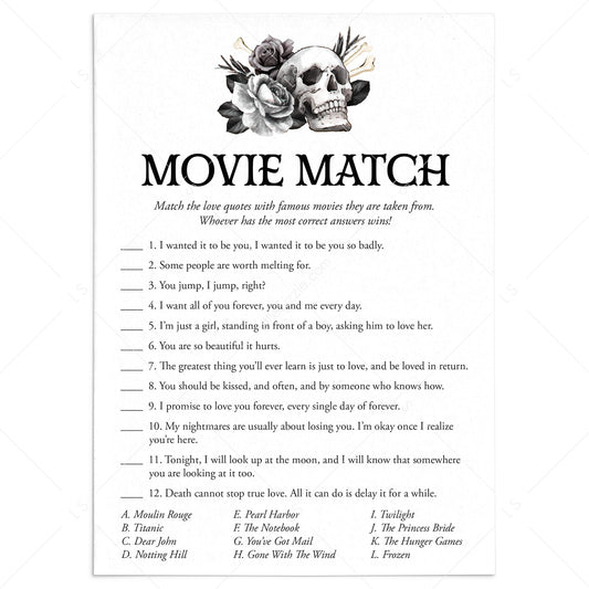 Bride or Die Theme Party Game Romantic Movie Match with Answers by LittleSizzle