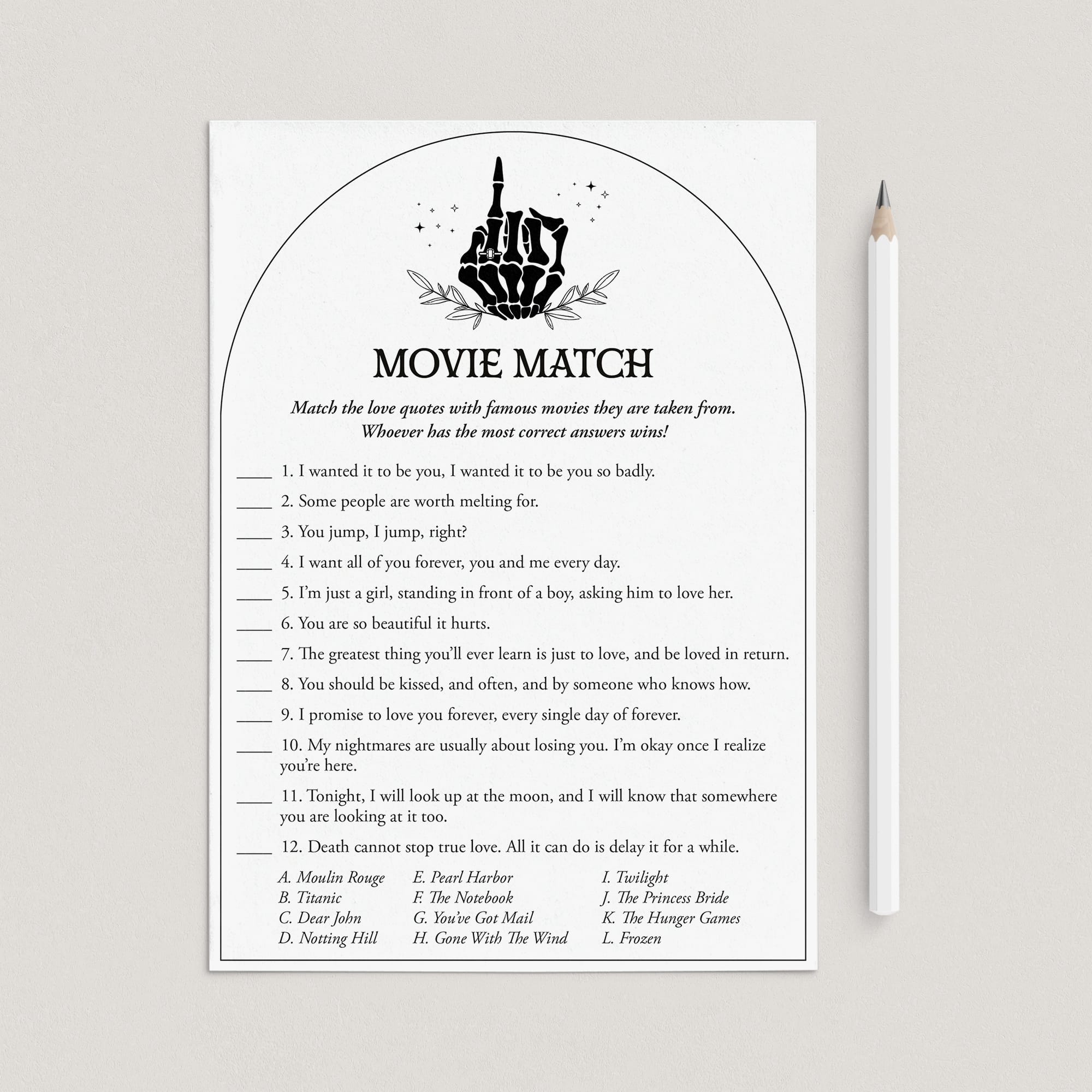Goth Bride Shower Game Movie Match with Answer Key Printable by LittleSizzle