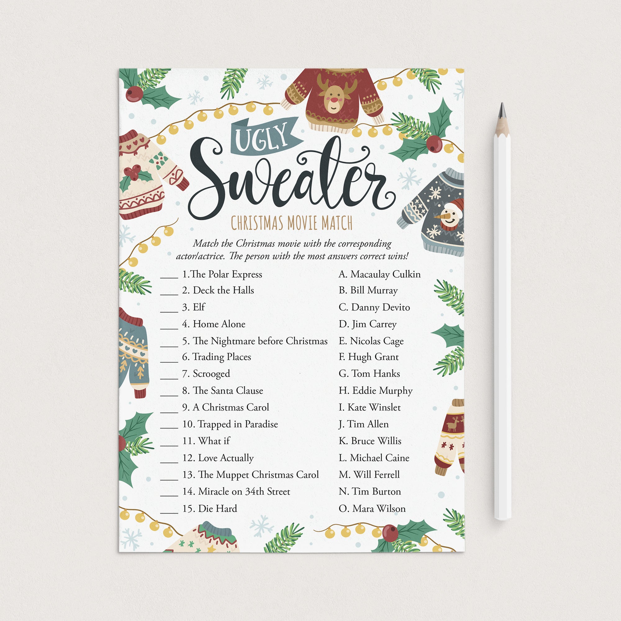 Printable Ugly Sweater Party Game Christmas Movie Match with Answer Key by LittleSizzle