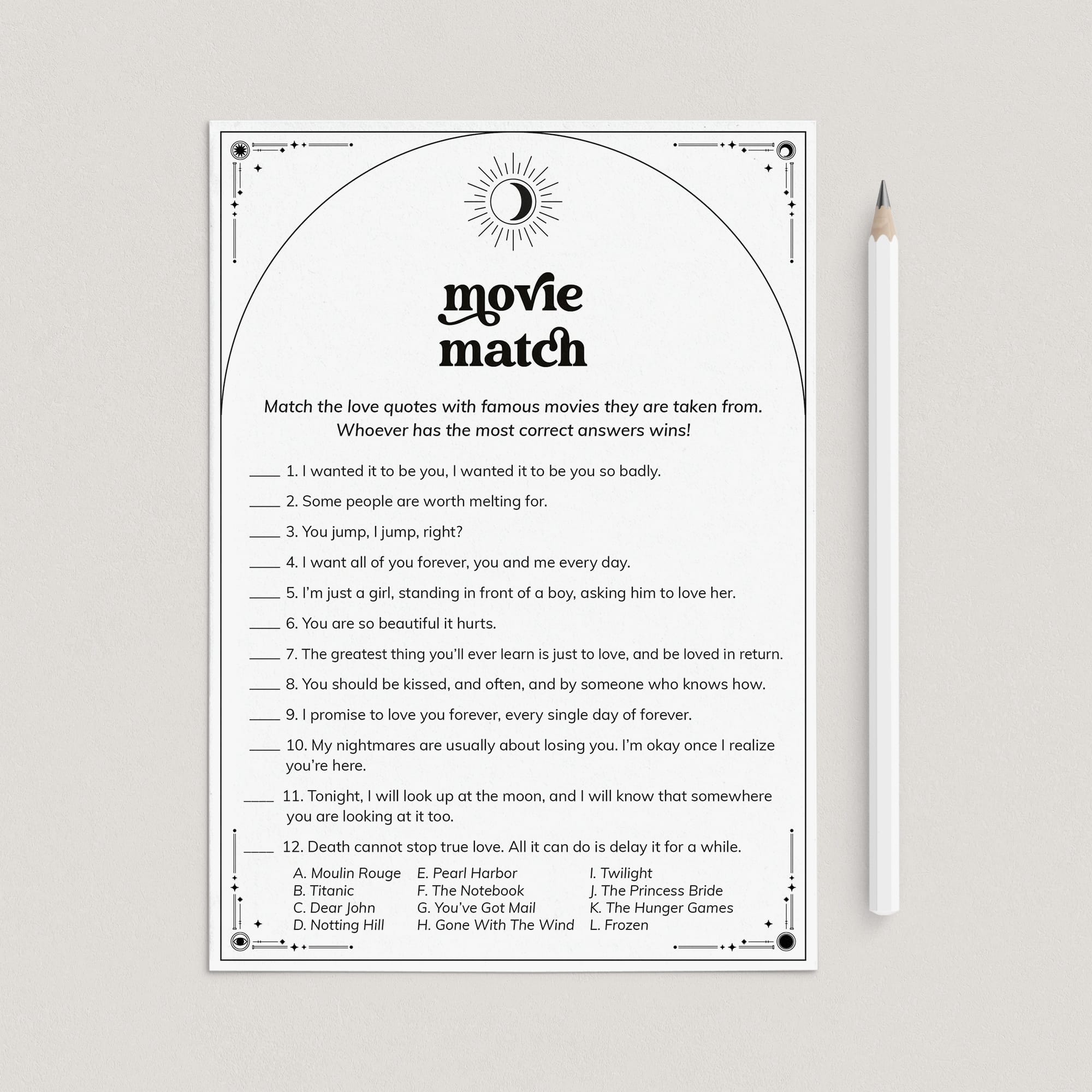 Celestial Bridal Shower Game Romantic Movie Match with Answers by LittleSizzle