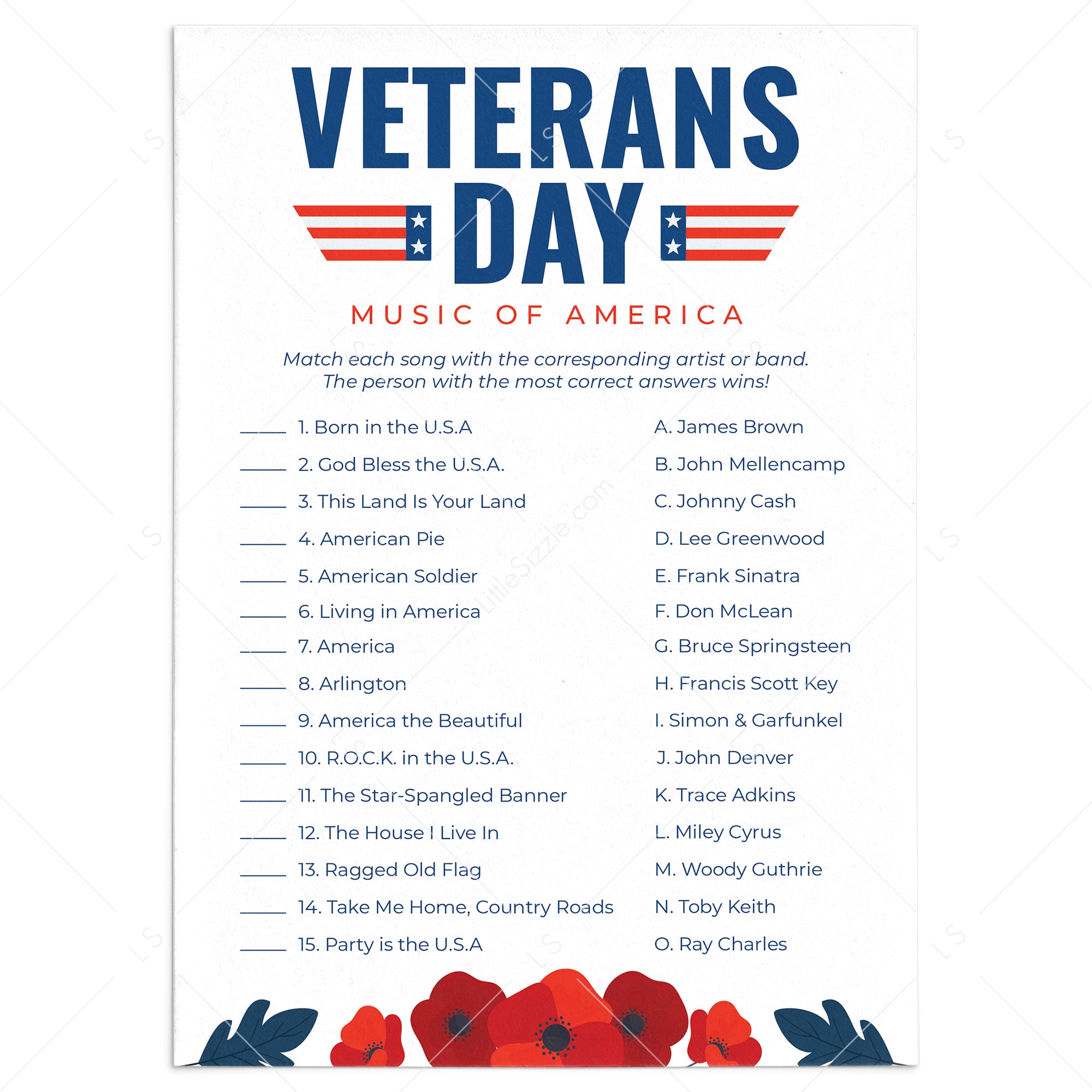 Music of America Match Up Game for Veterans Day Printable by LittleSizzle