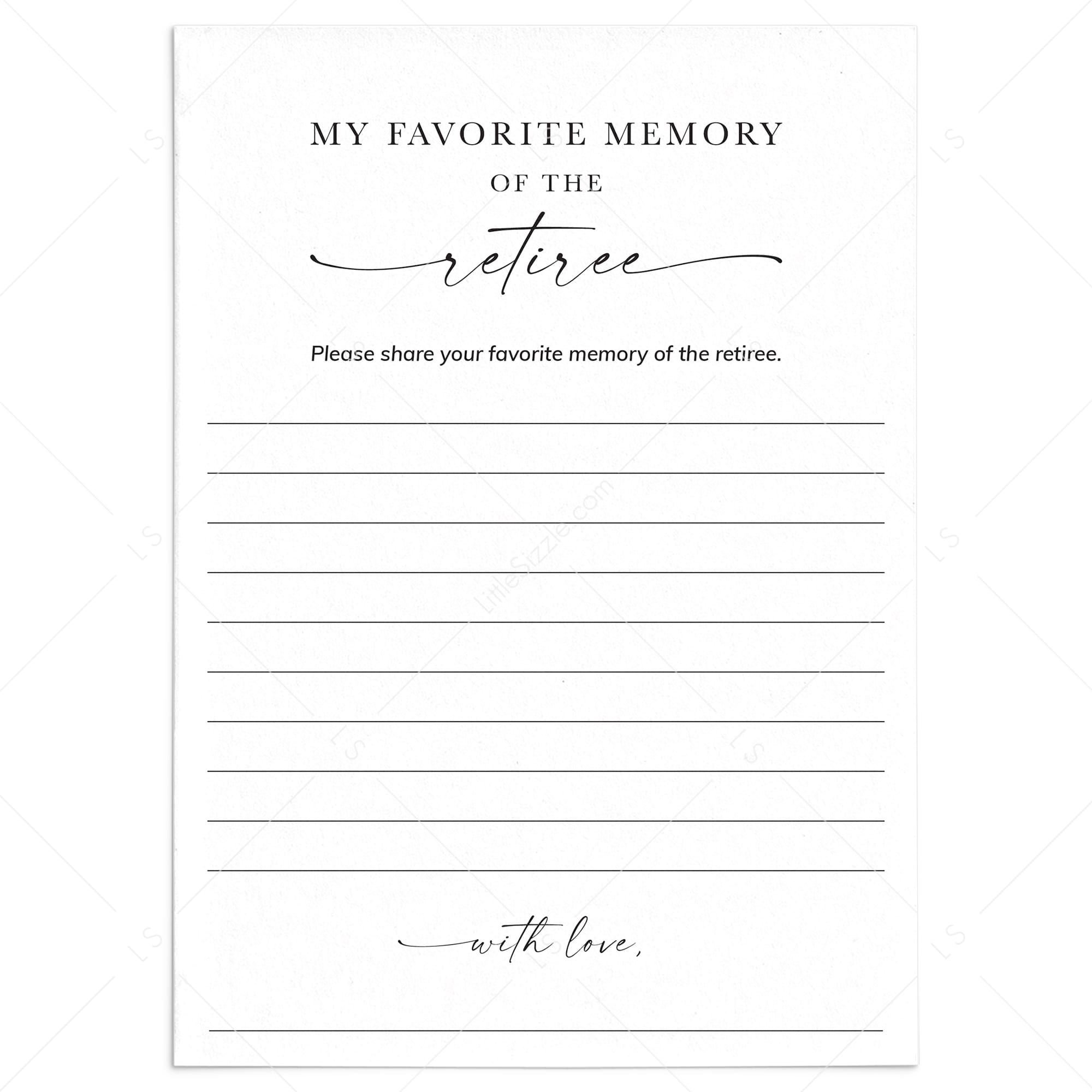 Printable My Favorite Memory Of The Retiree Cards for Retirement Party by LittleSizzle
