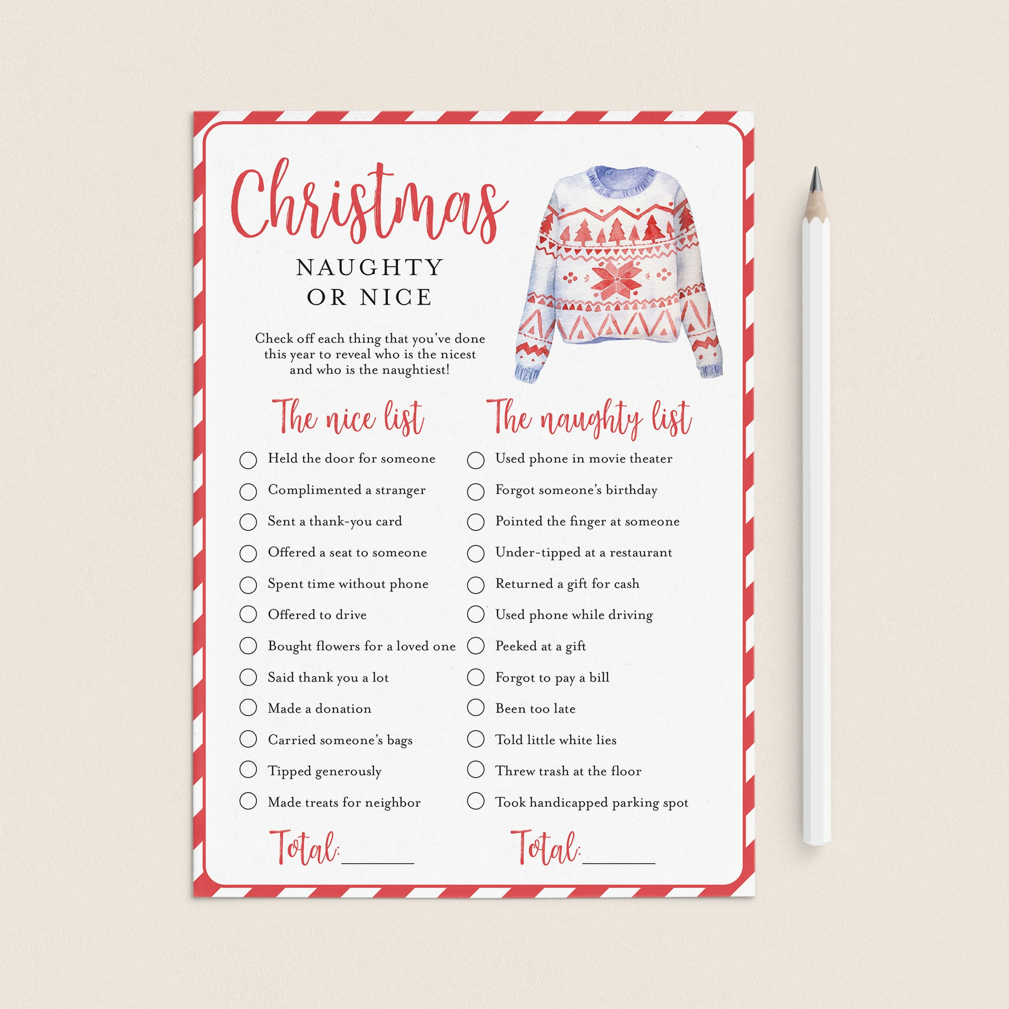 Funny Ugly Sweater Party Game Naughty or Nice Printable by LittleSizzle
