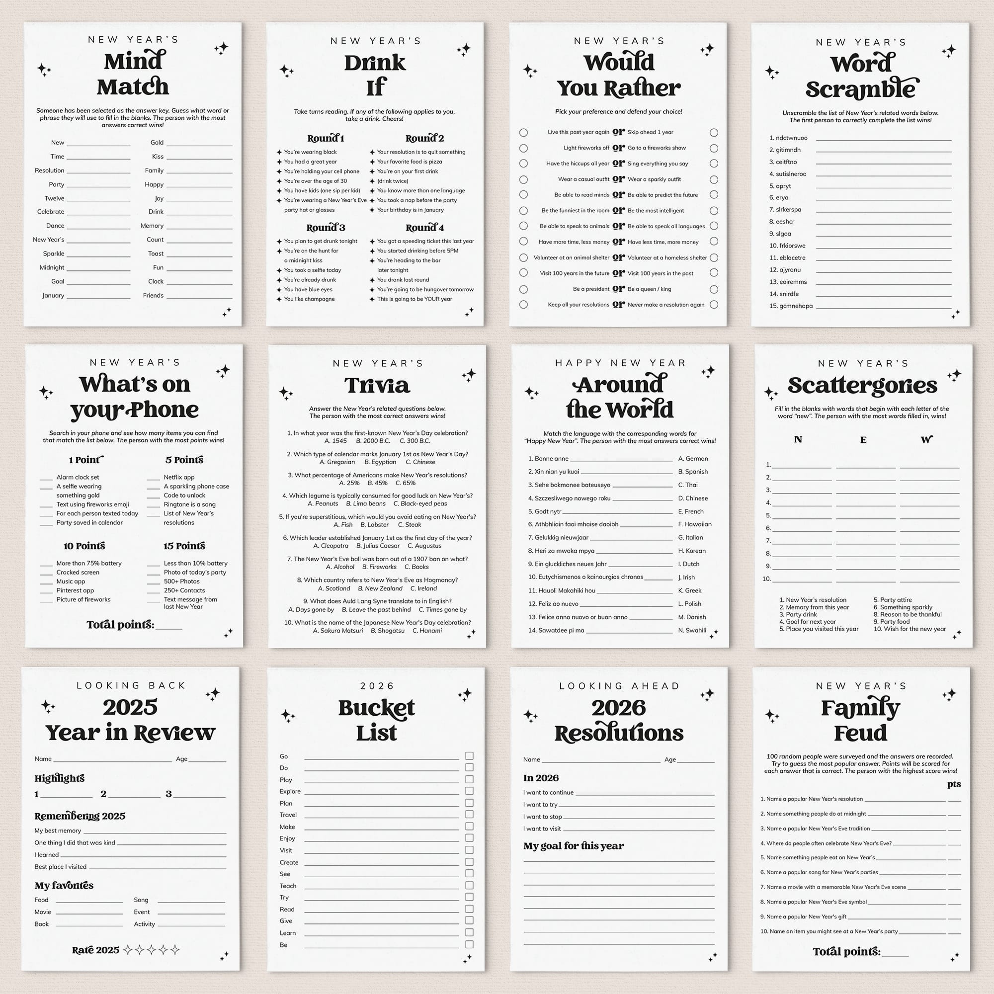 Minimalist New Year's Party Games Bundle Printable by LittleSizzle