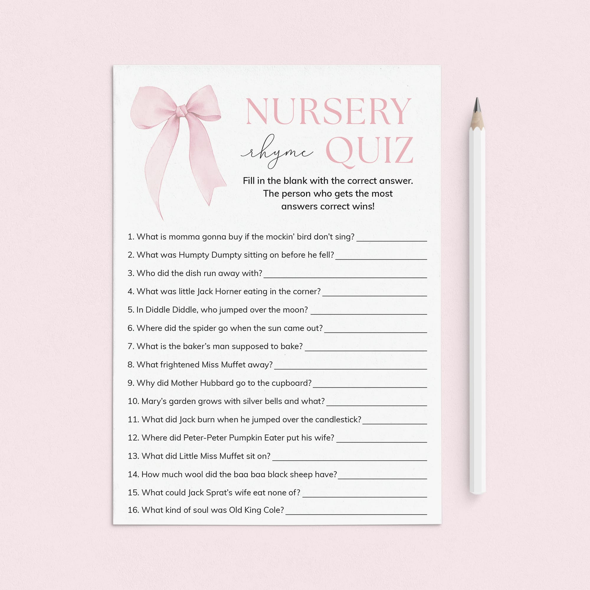 Girl Baby Shower Nursery Rhyme Quiz Answers Included by LittleSizzle