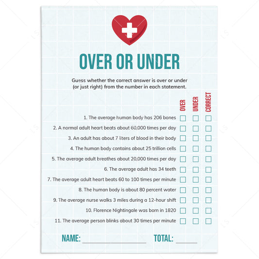Nurse Game Over or Under with Answers Printable by LittleSizzle
