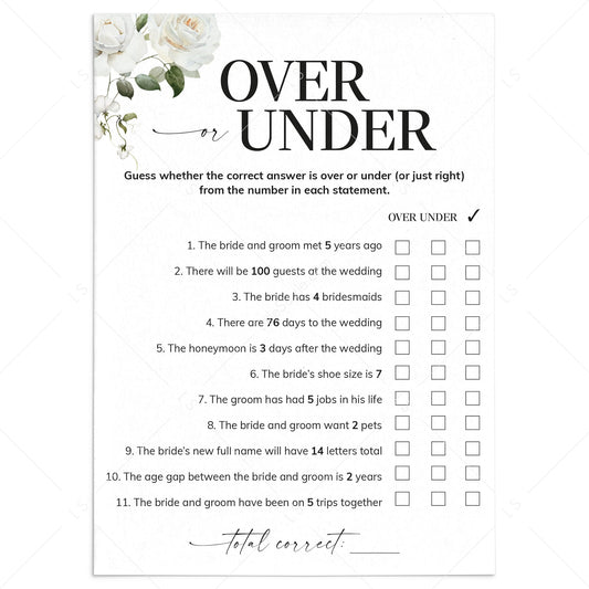 Over or Under Wedding Shower Game Printable by LittleSizzle