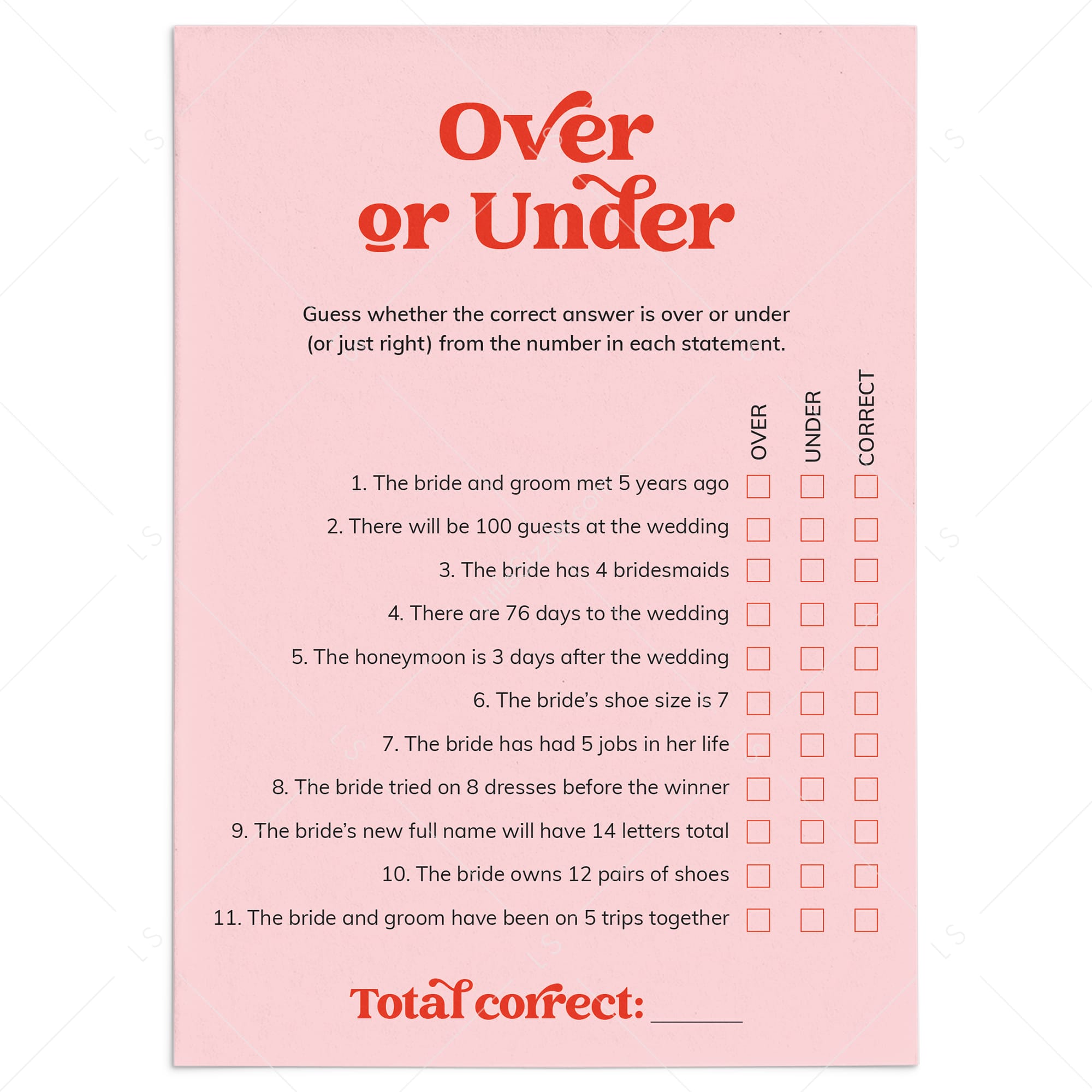 Over or Under Bridal Shower Game Printable Pink and Red by LittleSizzle