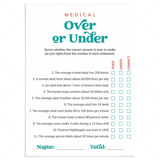 Medical Over or Under Game with Answer Key Printable by LittleSizzle