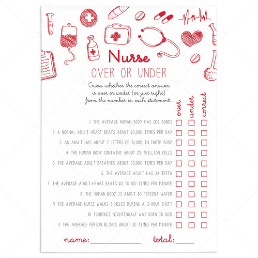 Nurse True or False Over or Under Game Printable by LittleSizzle