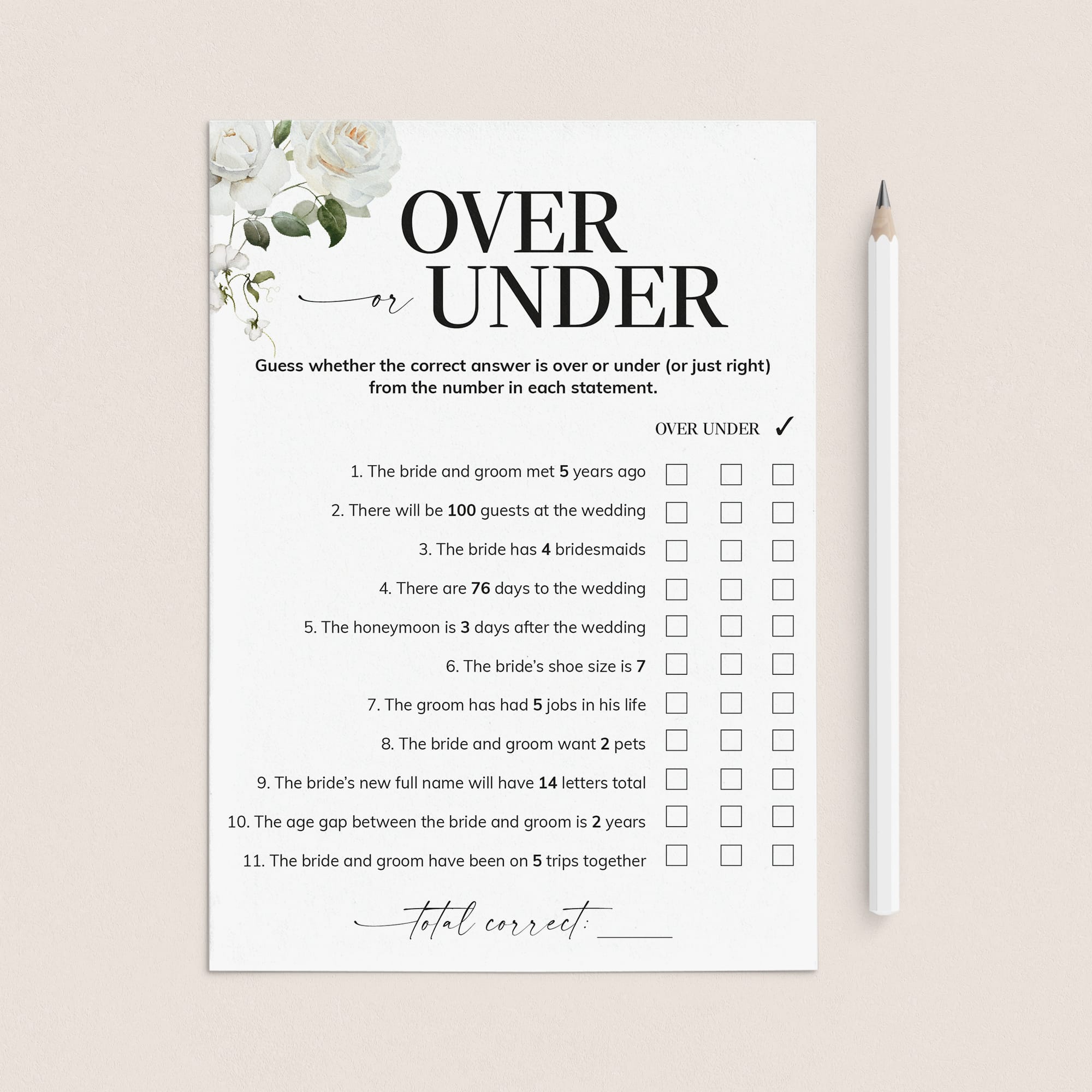 Over or Under Wedding Shower Game Printable by LittleSizzle