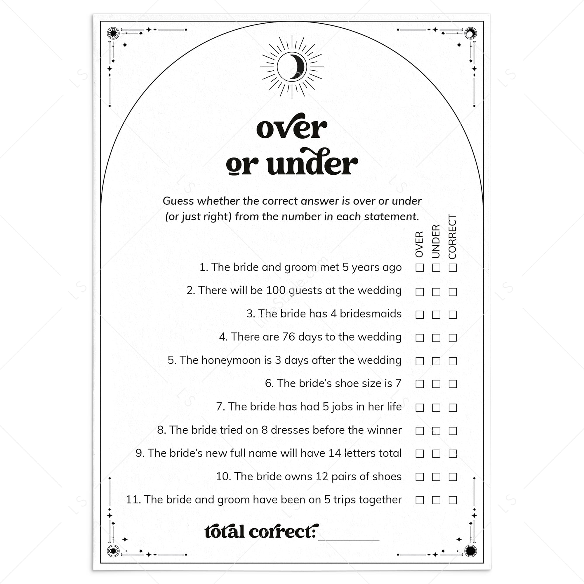 Mystical Bridal Shower Game Over or Under Printable by LittleSizzle